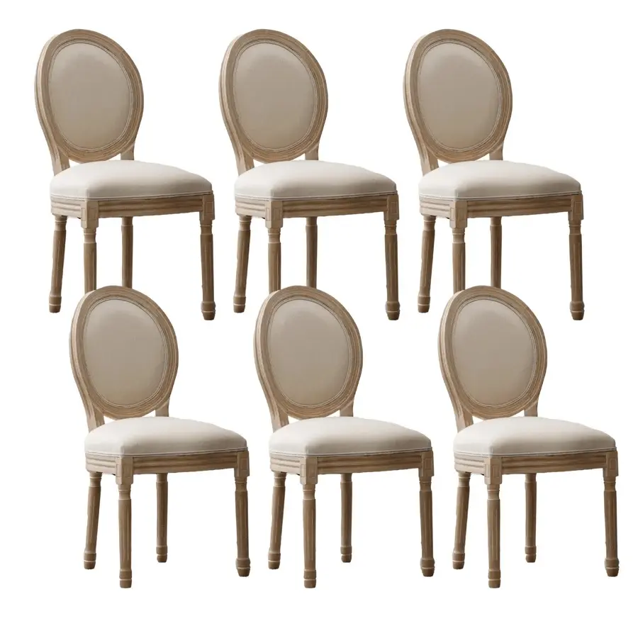 Cream Farmhouse Upholstered Linen Barstools (Set of 6) - Antique Painting Design, Solid Wood Frame & Legs, Armless Oval Back Retro Parson Dining Chairs, Easy Care, Set Of Six