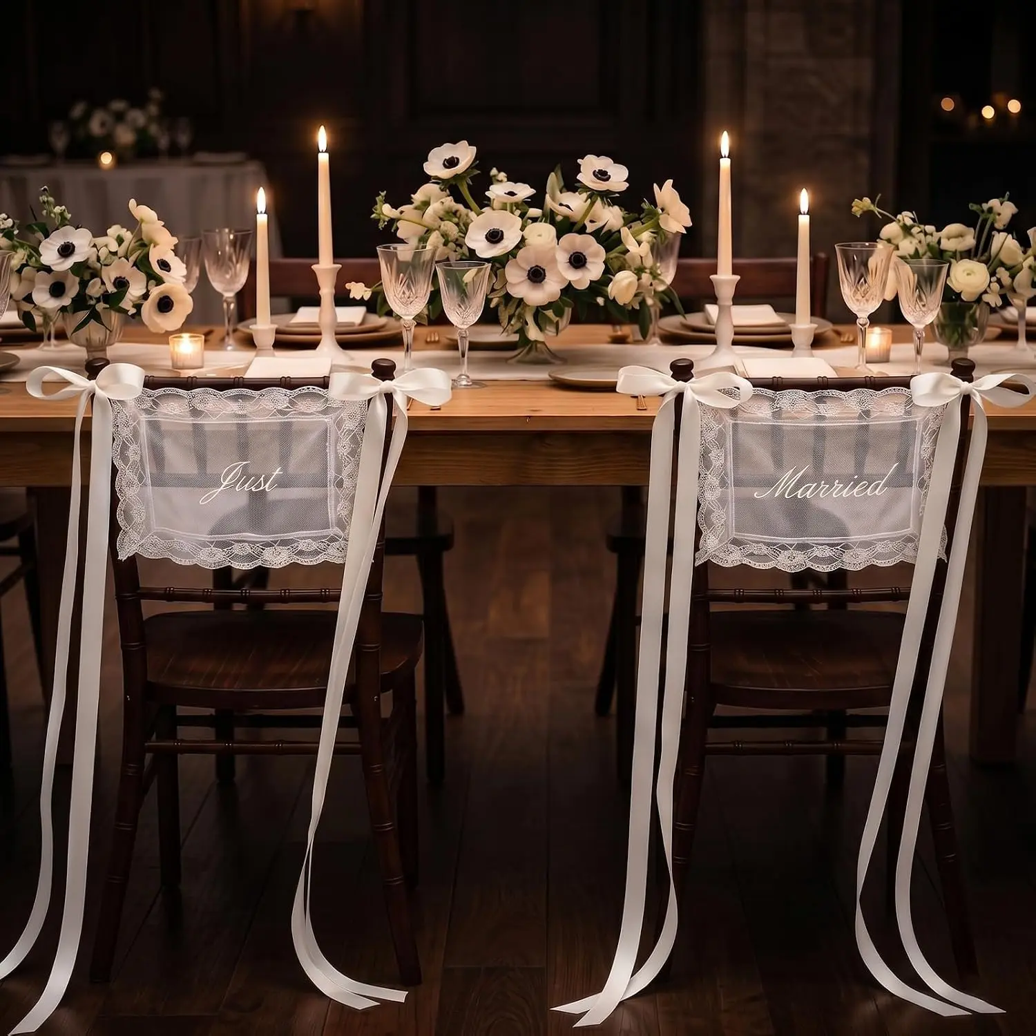 Just Married Wedding Chair, 2 Pcs Bride & Groom Sweetheart Table Chairs Back Banners, Vintage Sheer Lace Chair Back Decor with Ribbon Bows for Wedding Reception