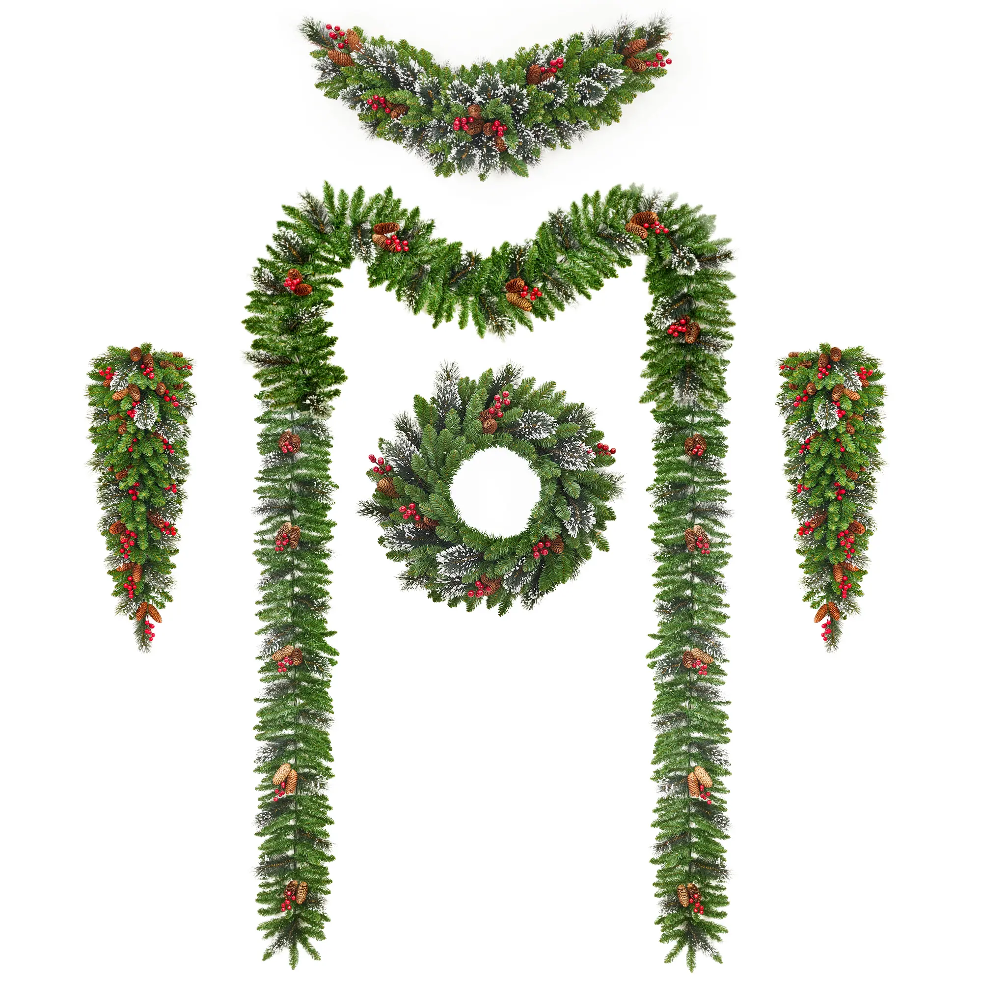 Christmas Decor Set, Pre-Lit Battery Operated. Includes Wreath, Garland, Teardrop Swags. Snow Sprayed Pine Cones. For Front Door, Staircase, Mantel, Window. Wireless LED Lights. Indoor Outdoor Holiday Decoration. Easy Install
