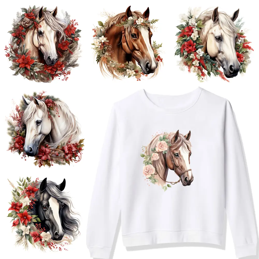 6 Pcs Floral Horse Iron on Transfers Iron on Decals for T Shirts Easy to heat press decals Iron On Transfer Patches casual style. Washable heat transfer stickers iron on decals