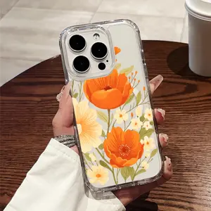 Vibrant Orange-Yellow Floral Symphony Transparent Thickened Shockproof Hard Case with Magnetic Ring Supports Wireless Charging for iPhone 17 E Air Pro ProMax iPhone16 15 14 Plus 13 12 11 X XS XR- A Top Choice for Fresh and Stylish Gifts Imitation