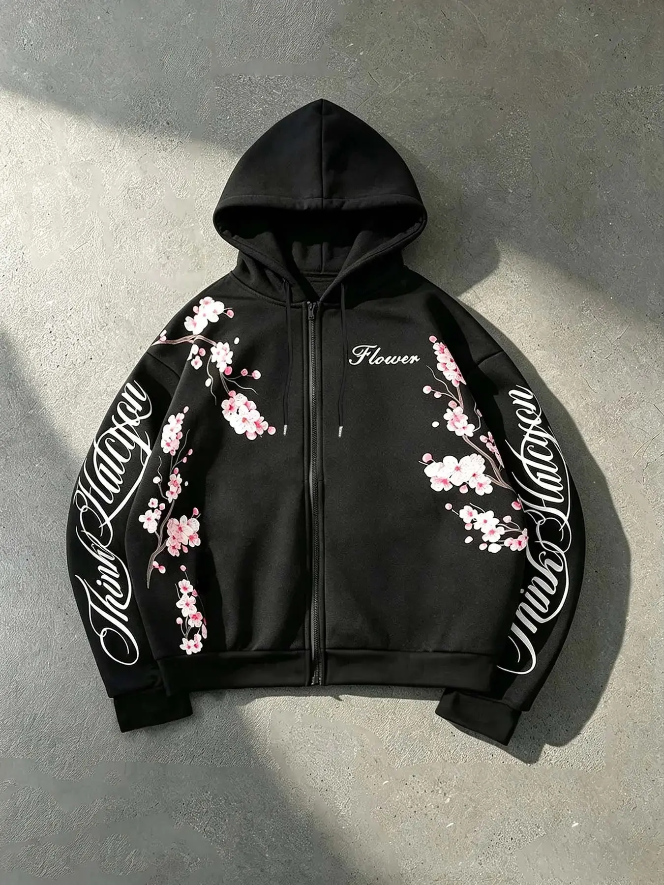 Men's Cherry Blossom Floral Print Zip-Up Hoodie, Streetwear Fashion, Loose-Fit, All Seasons, Casual for Daily Wear