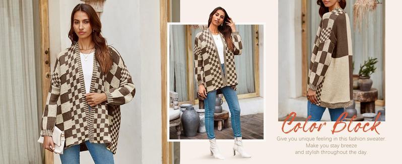 Imily Bela Womens Checkered Sweater Color Block Plaid Cardigans Oversized Long Sleeve Knit Open Front Coat