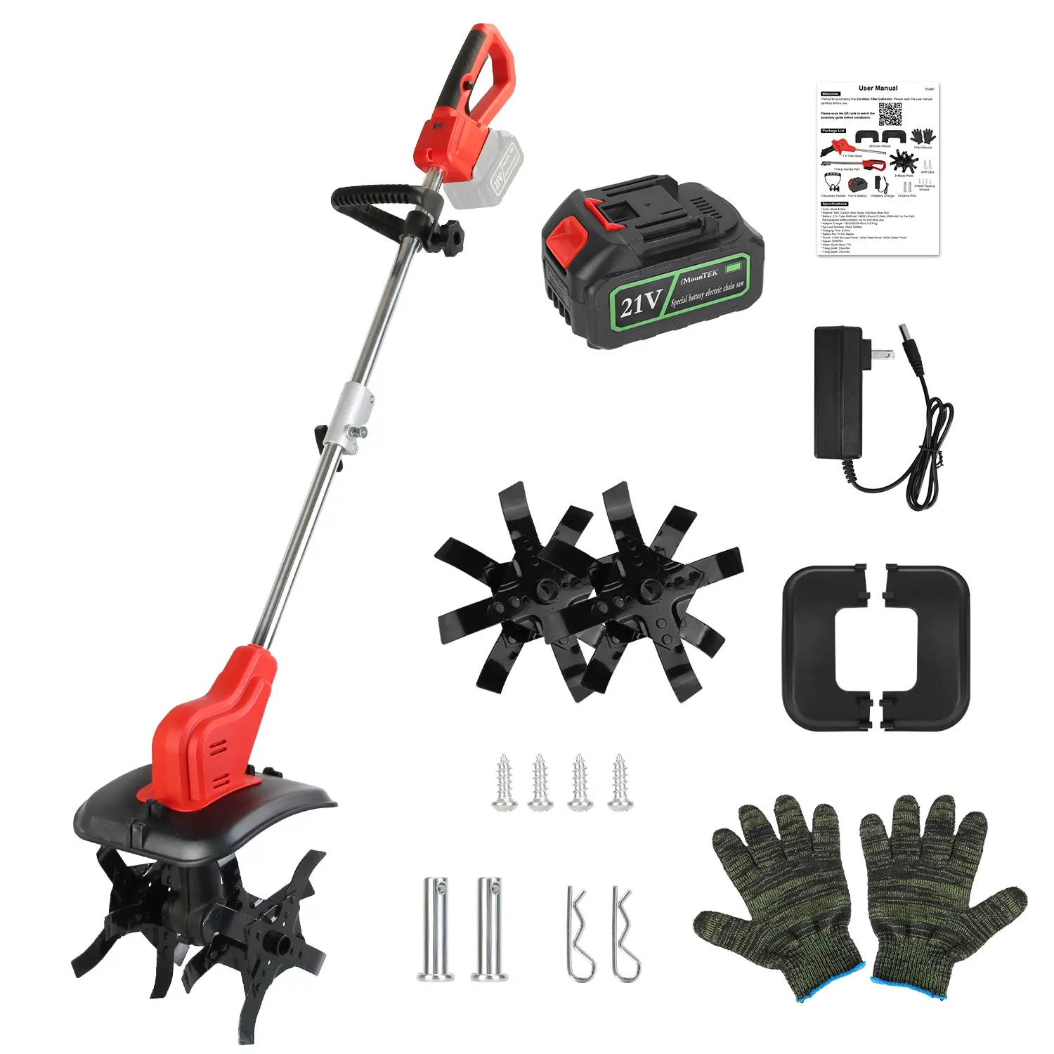 21V Cordless Garden Tiller Cultivator, 550W Electric Rototiller with 4000mAh Battery, 4 Blades & 16 Steel Tines, 9" Tilling Width & 9" Depth for Garden, Lawn & Soil Cultivation