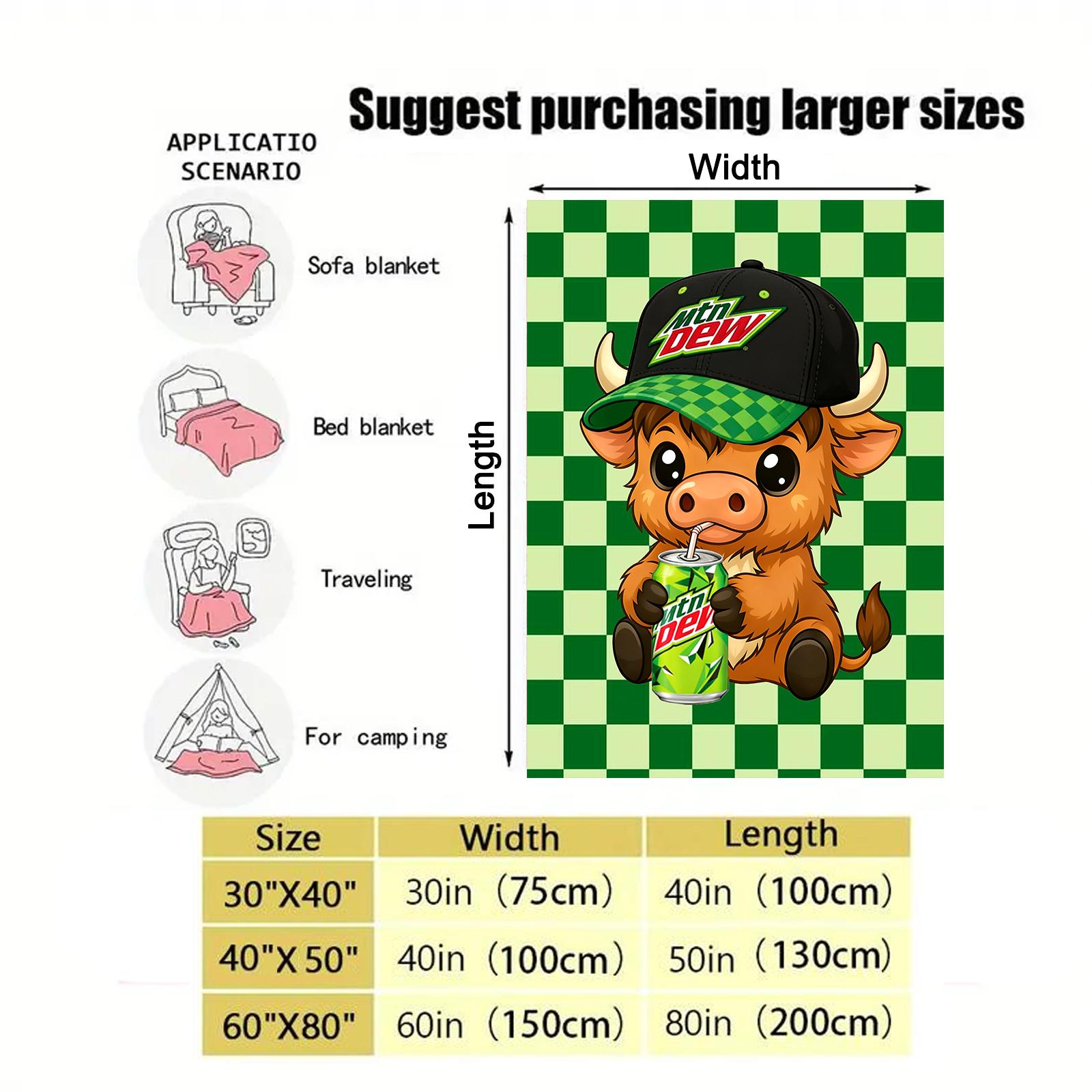 Cute Highland Cow Pattern Mtn Dew Baja Blast Blanket,Mountain Dew Sitting Highland Cow Blanket Soft Warm Throw Blanket, Warm Nap Blanket for Home Office Travel Camping