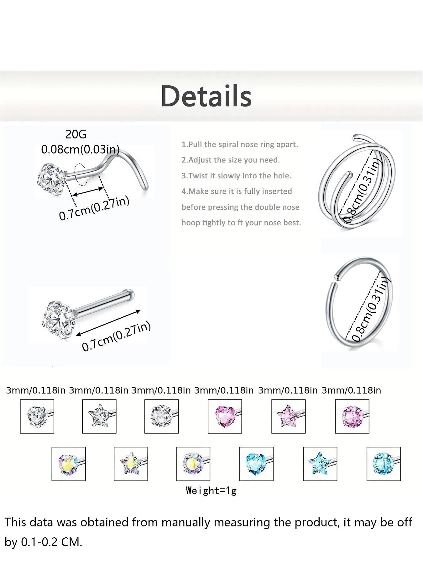 18pcs Rhinestone Decor Spiral Nose Ring & L-shaped Nose Stud Set, Nose Rings Set, Casual Stainless Steel Jewelry for Vacation Party Daily Gift, Classic Fashion Accessories for Daily Wear