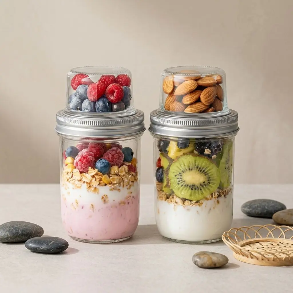 Overnight Oatmeal Jars, Portable Double-Layer Yogurt Parfait Cups, Layered Breakfast Jars, Mason Jars, Leak-Proof Food Storage Containers, Perfect for Overnight Oatmeal, Snacks, Meal Prep, and Use at the Office or While Traveling.