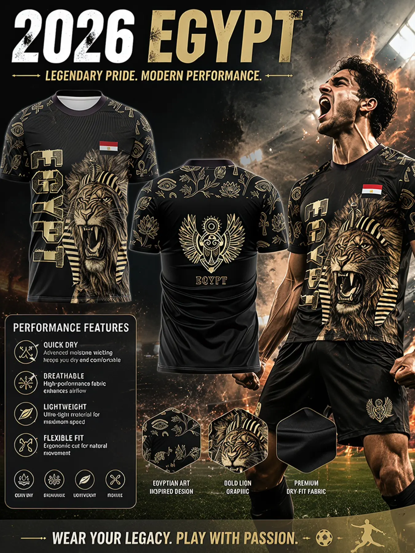 Egyptian Gold Soccer Training Jersey, Mesh Quick-Dry Fabric, Breathable Sweat-Wicking, Loose Fit, Ideal for Soccer and Fitness, Versatile Streetwear, Lightweight Football Shirt