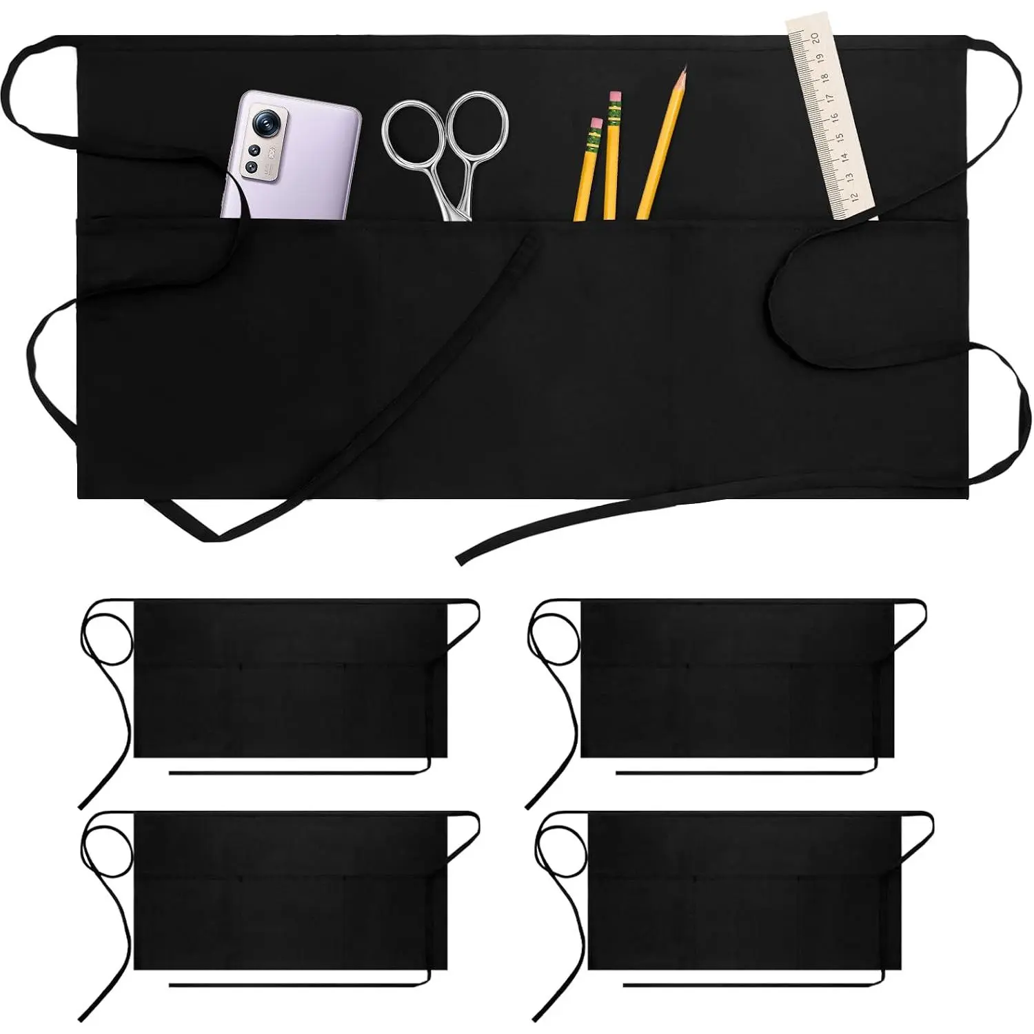 4 Pack Server Apron with 3 Pockets - Waitress Apron,  Short  Aprons for Women and Men, Black