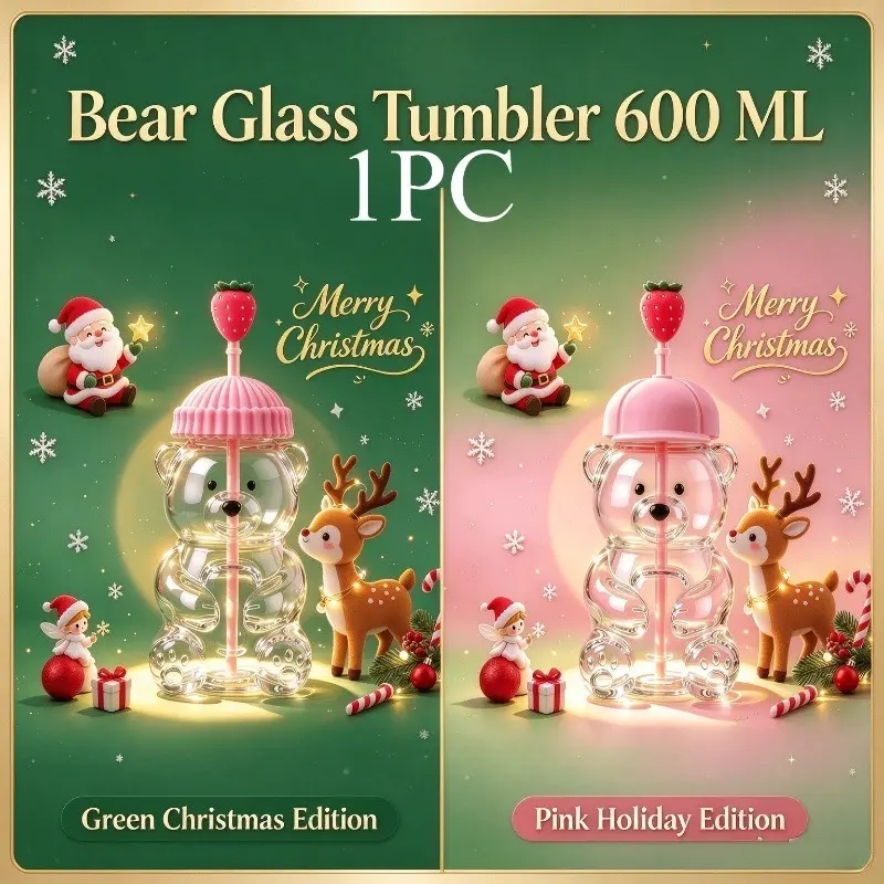 New Pink Strawberry Bear Glass Cup with Straw, Cute Straw Cup, 20oz/600ML, Coffee Beer Wine Cocktail Glassware, Christmas Gift