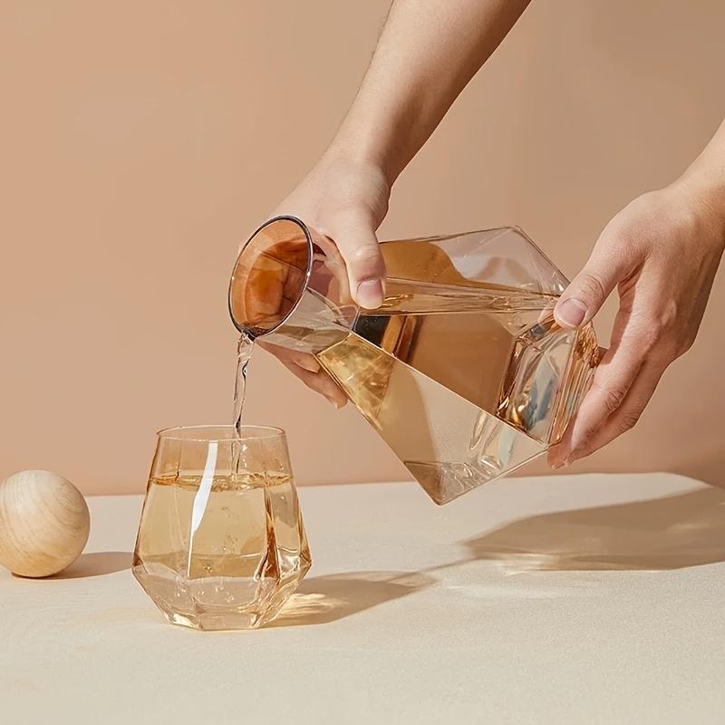 Diamond-Shaped Glass Pitcher and Tumbler Set with Wooden Lid Ball - 5 Piece Modern Water Carafe and Drinking Glasses Bundle for Whiskey, Scotch, Bourbon, Vodka - Elegant Beverage Serving Set