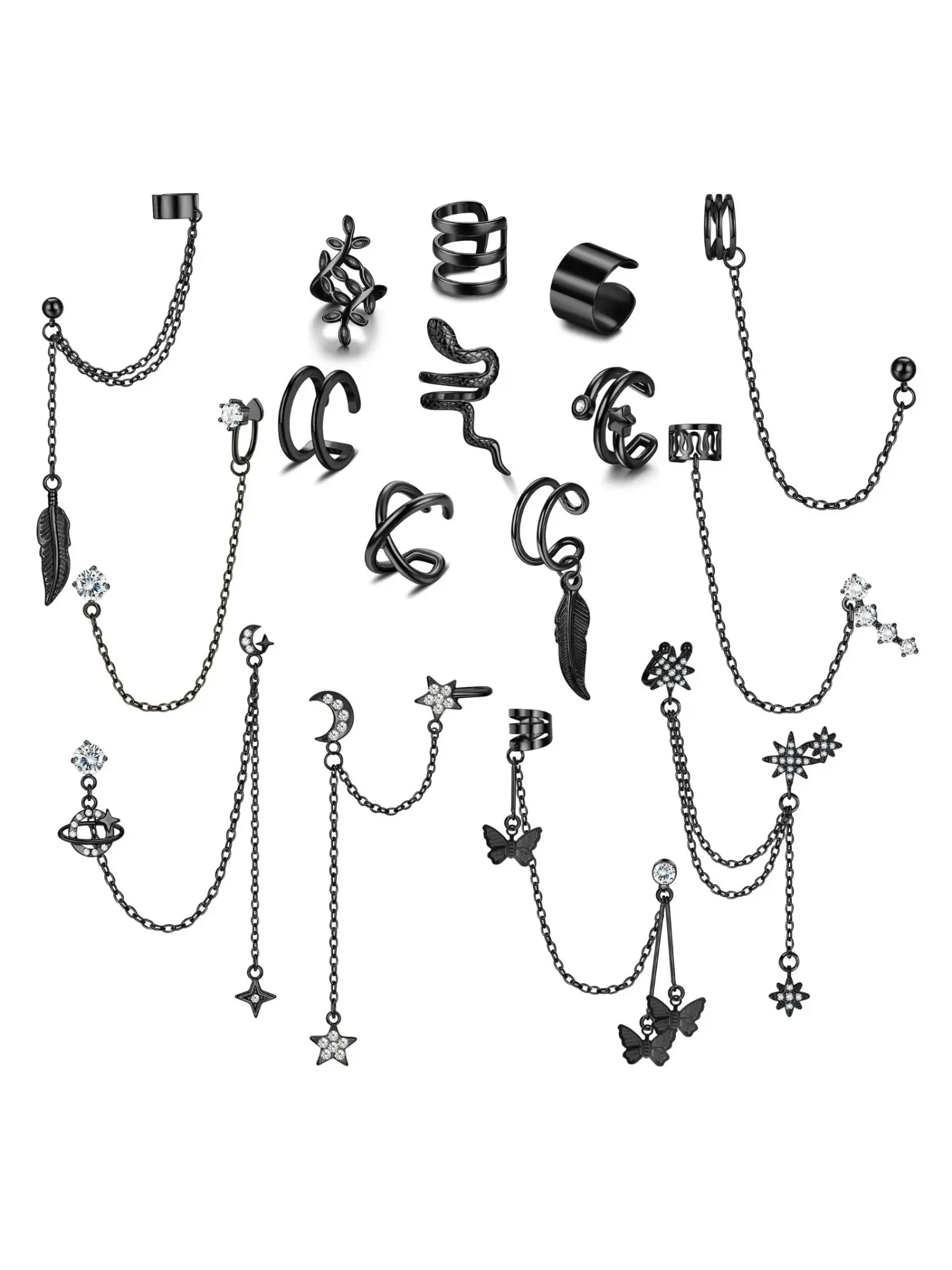 16 Pcs Gothic Black Ear Cuff Chain Earring Pack No Piercing Alloy Cartilage Wrap Clips for Women Men Varied Edgy Designs Layered Band Cuffs Snake Leaf Shaped Ear Wraps Long Chain Drop Pendants Sparkling CZ Moon Star Butterfly Feather Planet Motifs