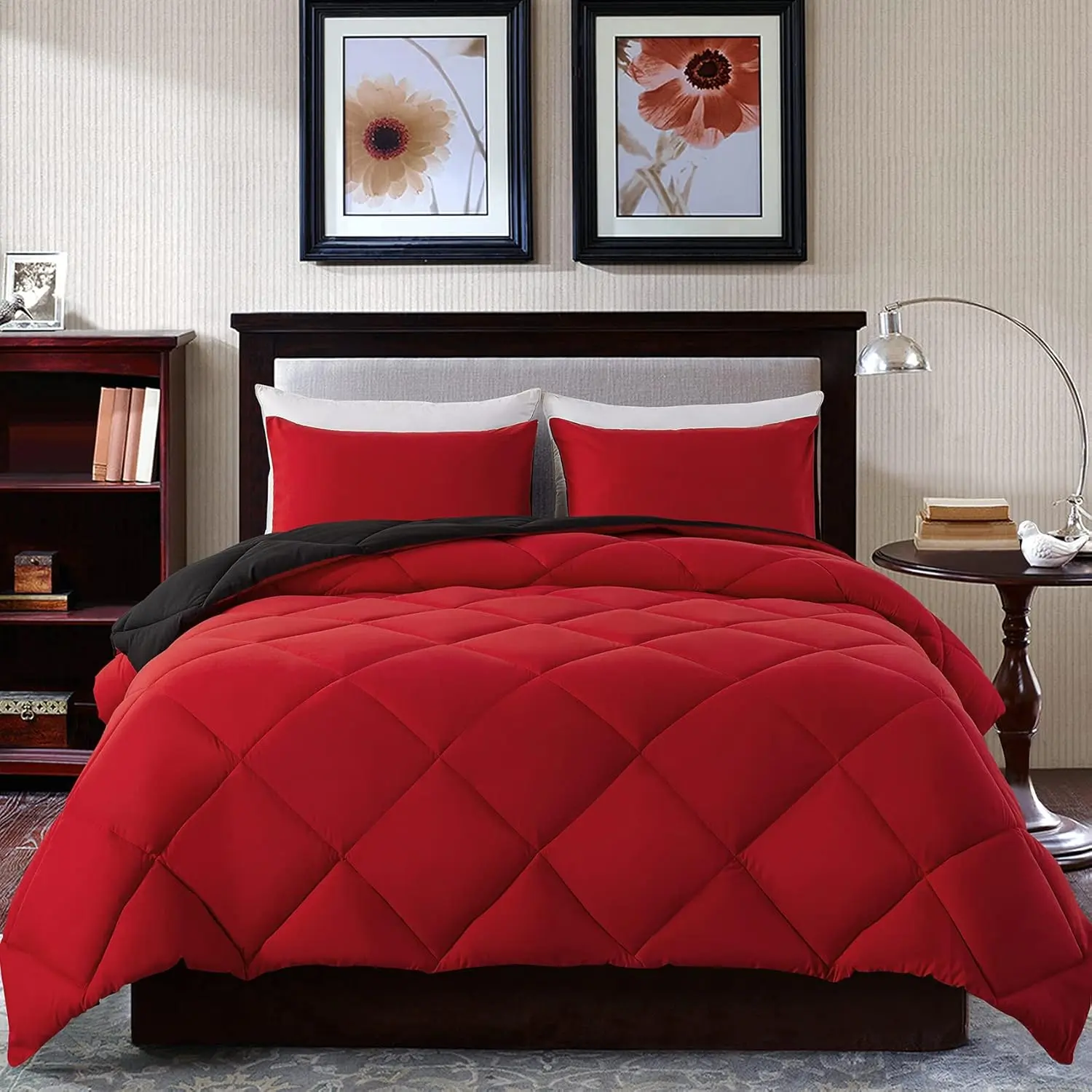 Lightweight Queen Comforter Set with 2 Pillow Sham - 3 Pieces Set - Quilted Down Alternative Comforter/Duvet Insert for All Season - Red/Black - Queen Size
