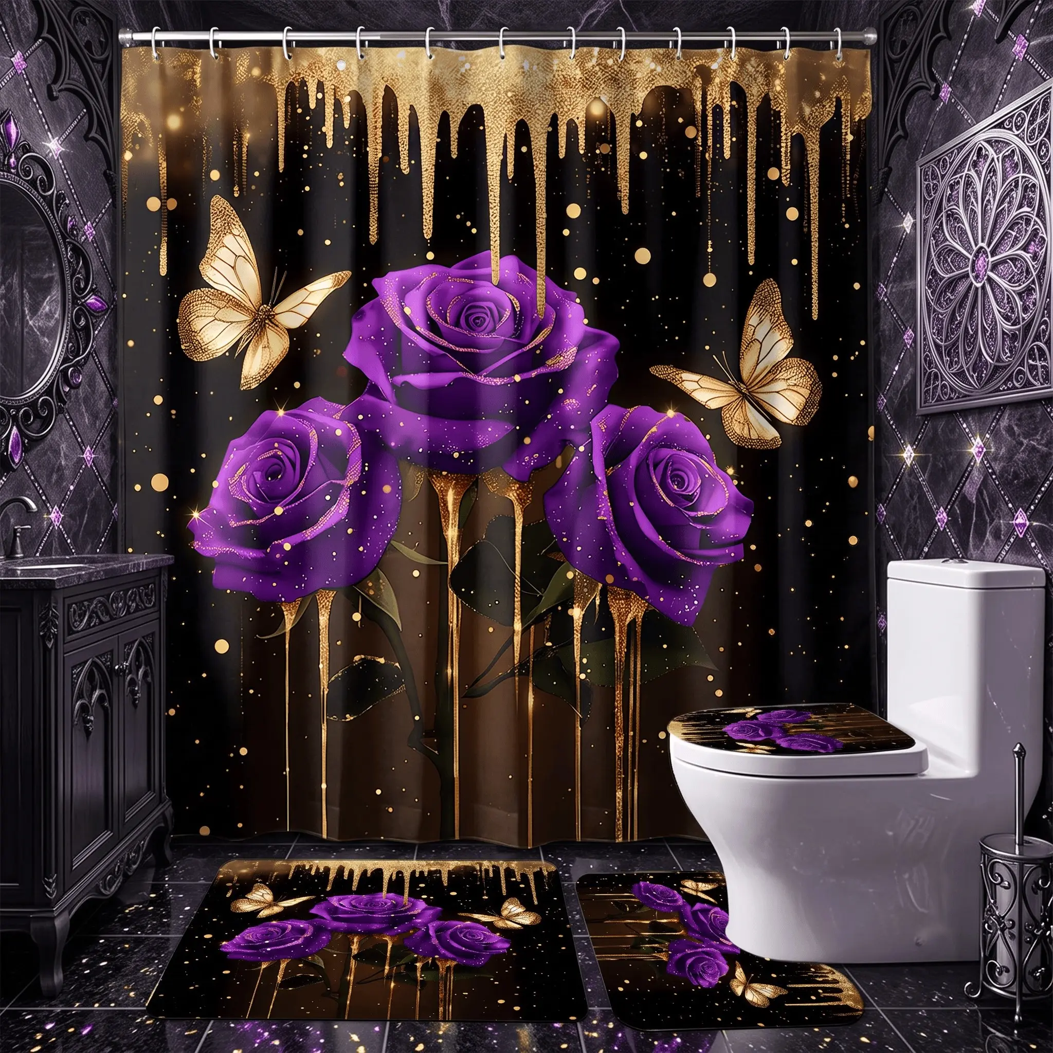 4pcs Luxury Rose Shower Curtain Set with Rugs,Gold Drips Glitter Butterfly Floral Pattern,The floor mat fabric is thicker and softer!  Luxury Gothic Bathroom Decor Set for Holiday Valentine Mother's Day Housewarming Gift