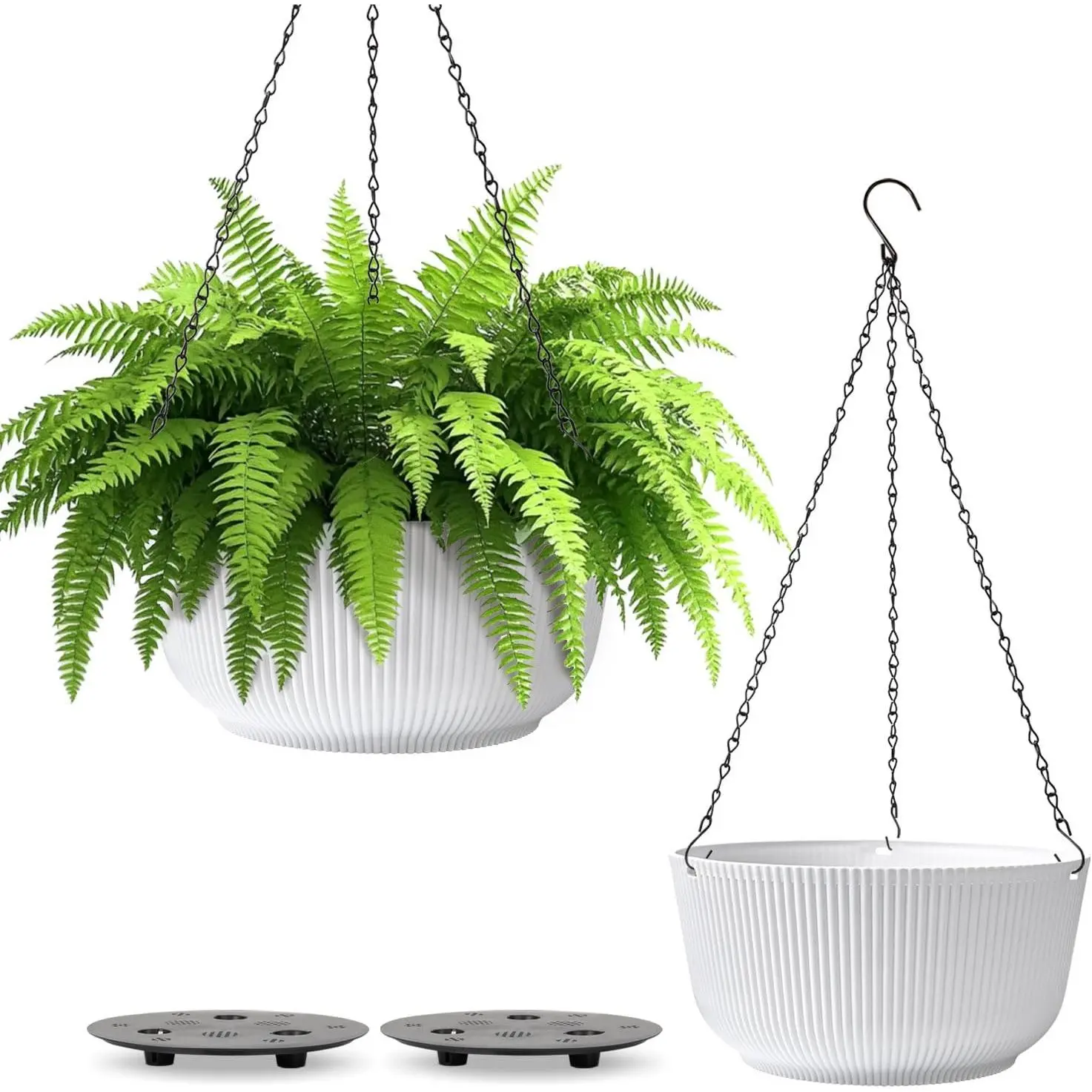10 Inch Hanging Planters for Indoor Plants, 2 Pack White Self Watering Hanging Plant Pot, Hanging Pots Set with Drainage Hole & Plug & Chain with 3 Hooks for Garden Home Decor