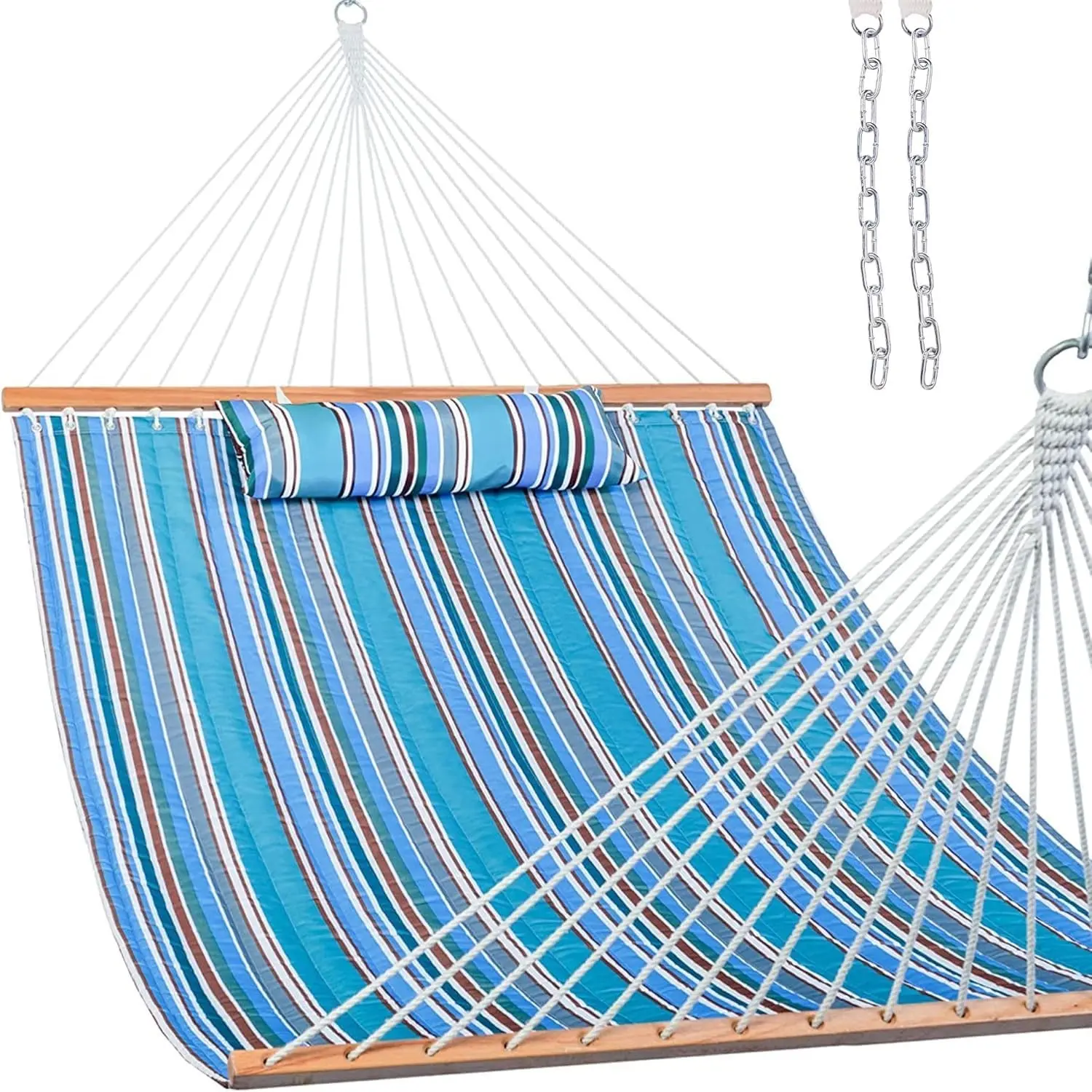 12 FT Quilted Fabric Double Hammock with Spreader Bars and Detachable Pillow, 450lbs Weight Capacity