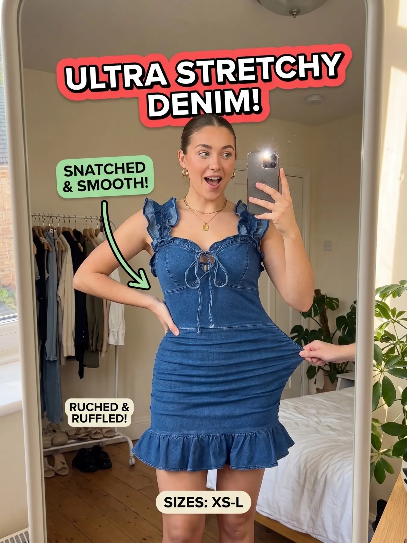 Women's Denim Dress, Fashion Vacation Style, Waist Cinched Ruffle V Neck, Sleeveless Short Dress, Perfect for Summer Leisure Wear, Casual Wear