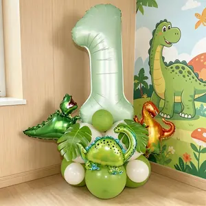 24pcs Dinosaur Series Number Column Balloons, Olive Aluminum Foil Set, Mini Dinosaurs, Latex & Long Balloons, Party Decorations