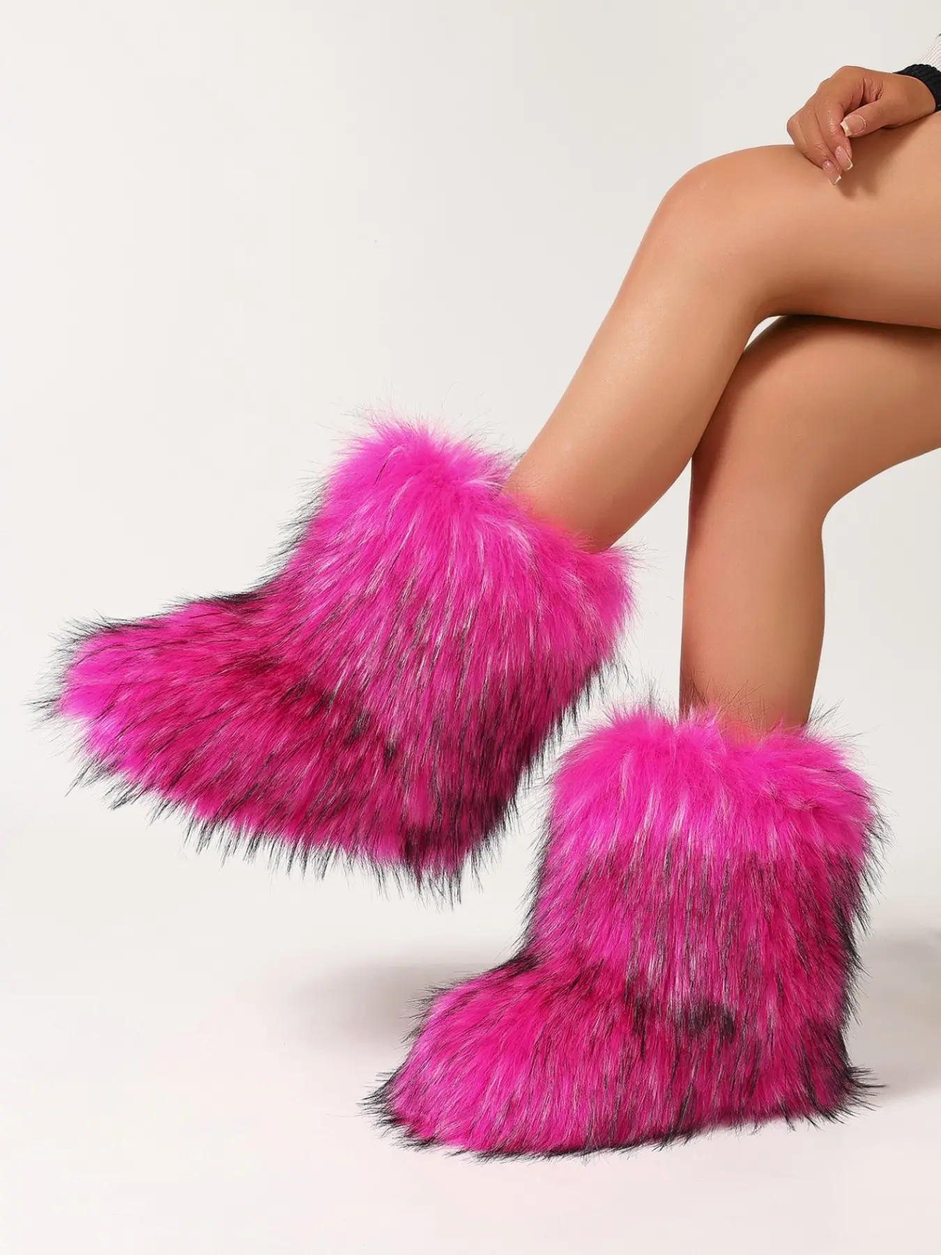 Women's Fluffy Faux Fur Mid-Calf Boots, Winter Warm Plush Snow Boots, Fashion Y2K Furry Boots, Party Cosplay Shoes, Boots with Fur, Textile Upper, Rubber Sole