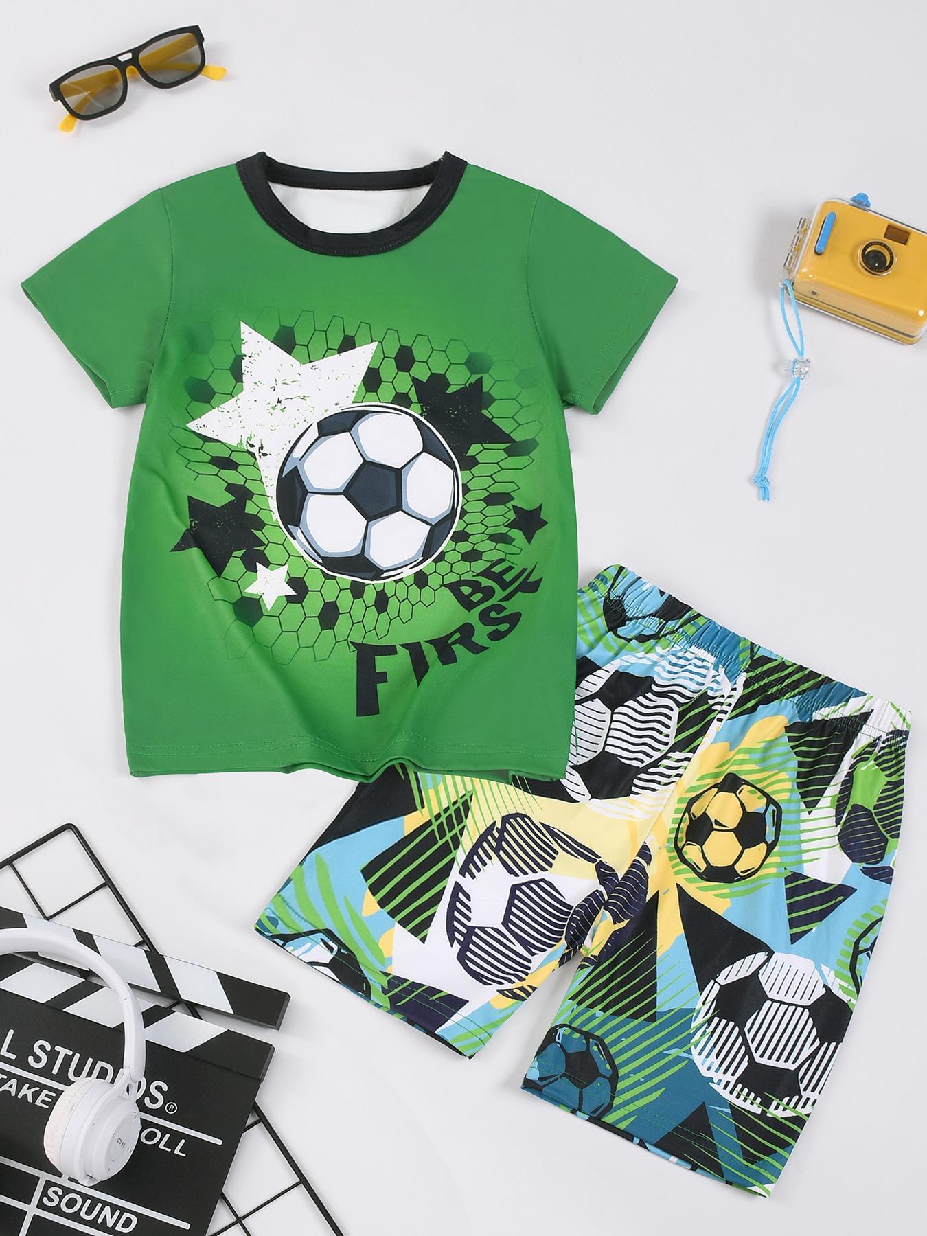 Boy's Junior Cartoon Soccer Print Short Sleeve Tee & Shorts PJ Set, Casual Comfy Round Neck T-shirt & Shorts PJ Set, Kids Sleepwear for Summer, Pajama Sets