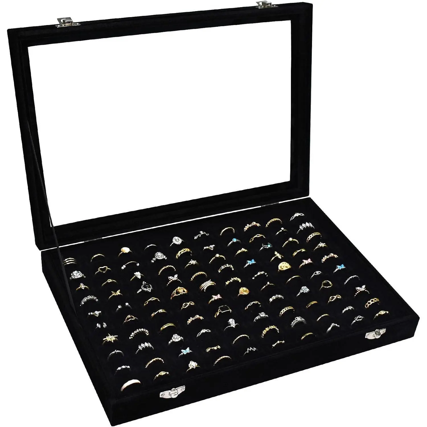 Ring Display Tray Organizer Box with Transparent Lid, 100 Slot Ring Holder  For Store Display  Show , Ring Organizer For Rings Earrings (Black)
