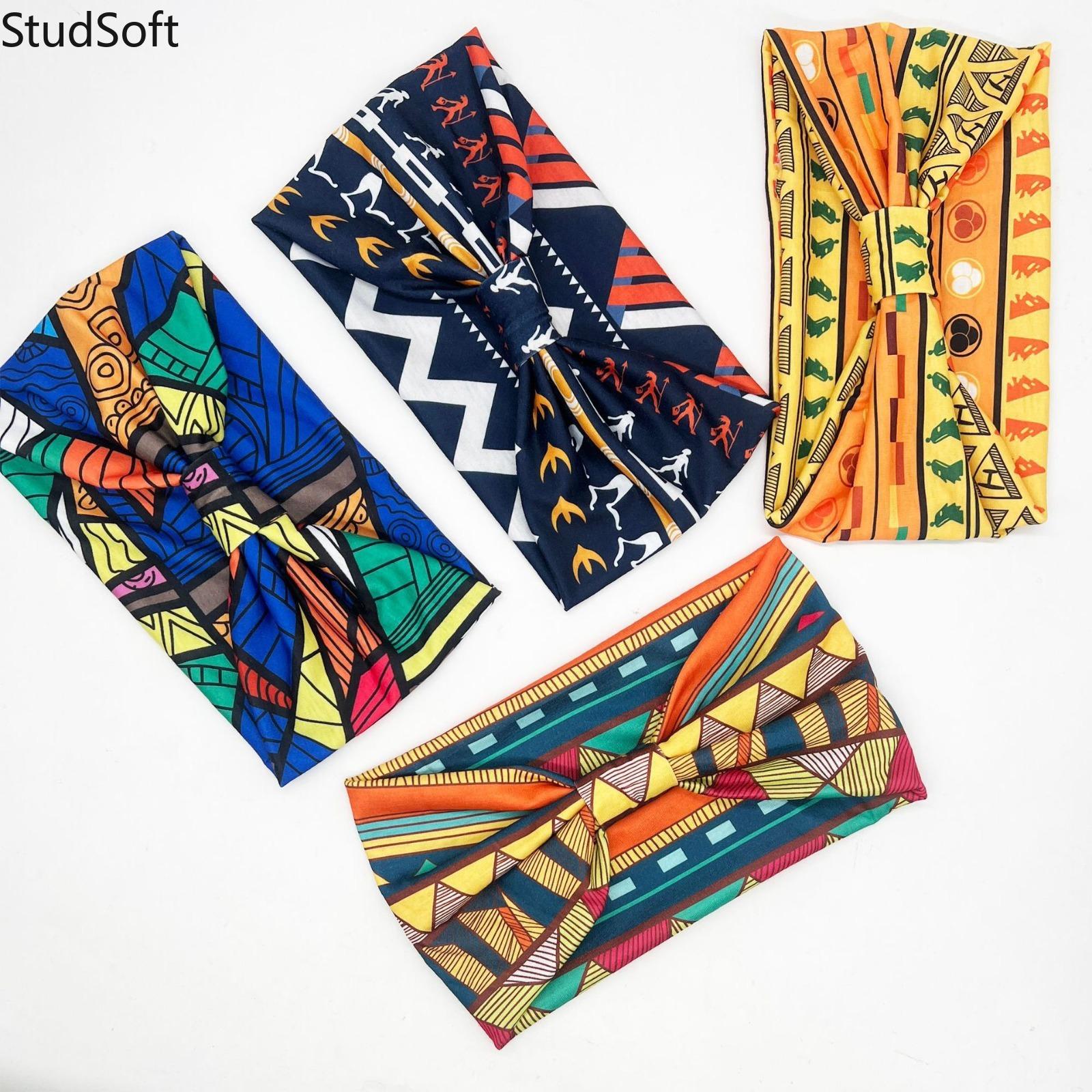 African Print Wide Headbands for Women, Elastic Knotted Hair Bands, Boho Workout Sweatbands for Yoga Sports, Fashion Hair Accessories, 4 Pack