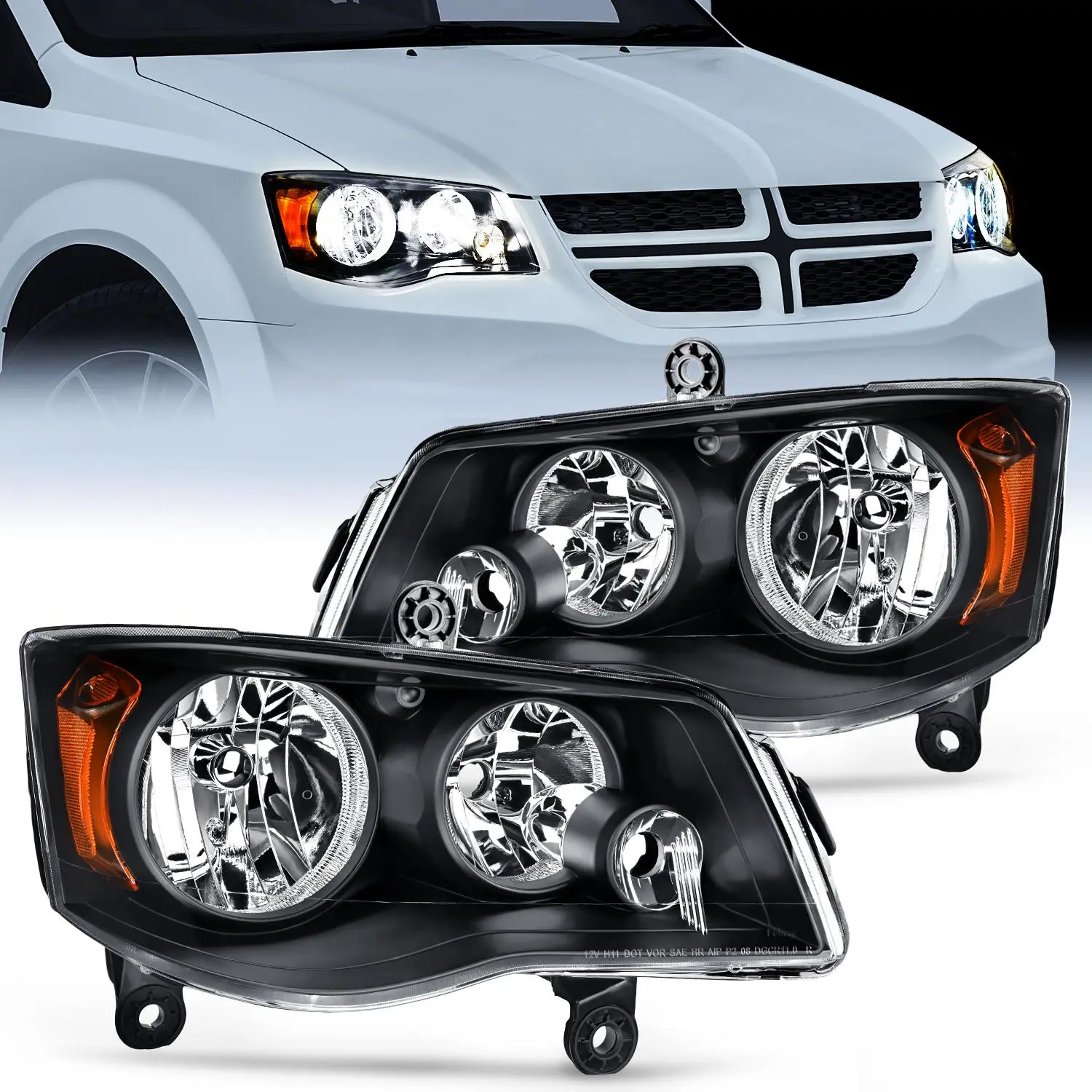 Nilight 1-Pair Brightening Anti-Glare Headlight Assembly, Minivan Fit for 2011-2019 Dodge Grand Caravan/2008-2016 Chrysler Town & Country, Plug-In Easy Install, UV Shockproof, Corrosion Resistant, IP65 Black Housing Reflective Amber Replacement Headlamp