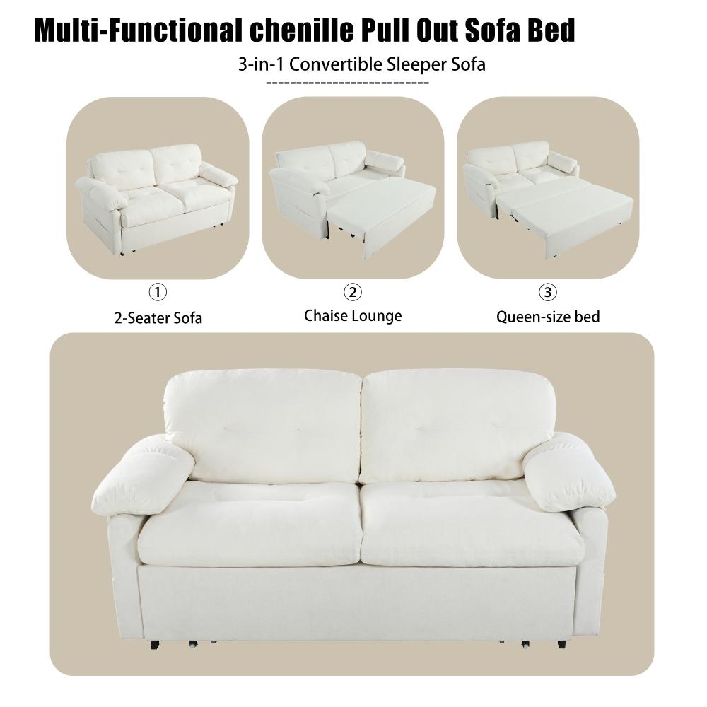71''Convertible Pull-Out Queen Sleeper Sofa, 3-in-1 Sofa Bed with Side Storage & 8 Silent Casters, Thick Padded Chenille Loveseat for Living Room, Bedroom, Apartment,Beige