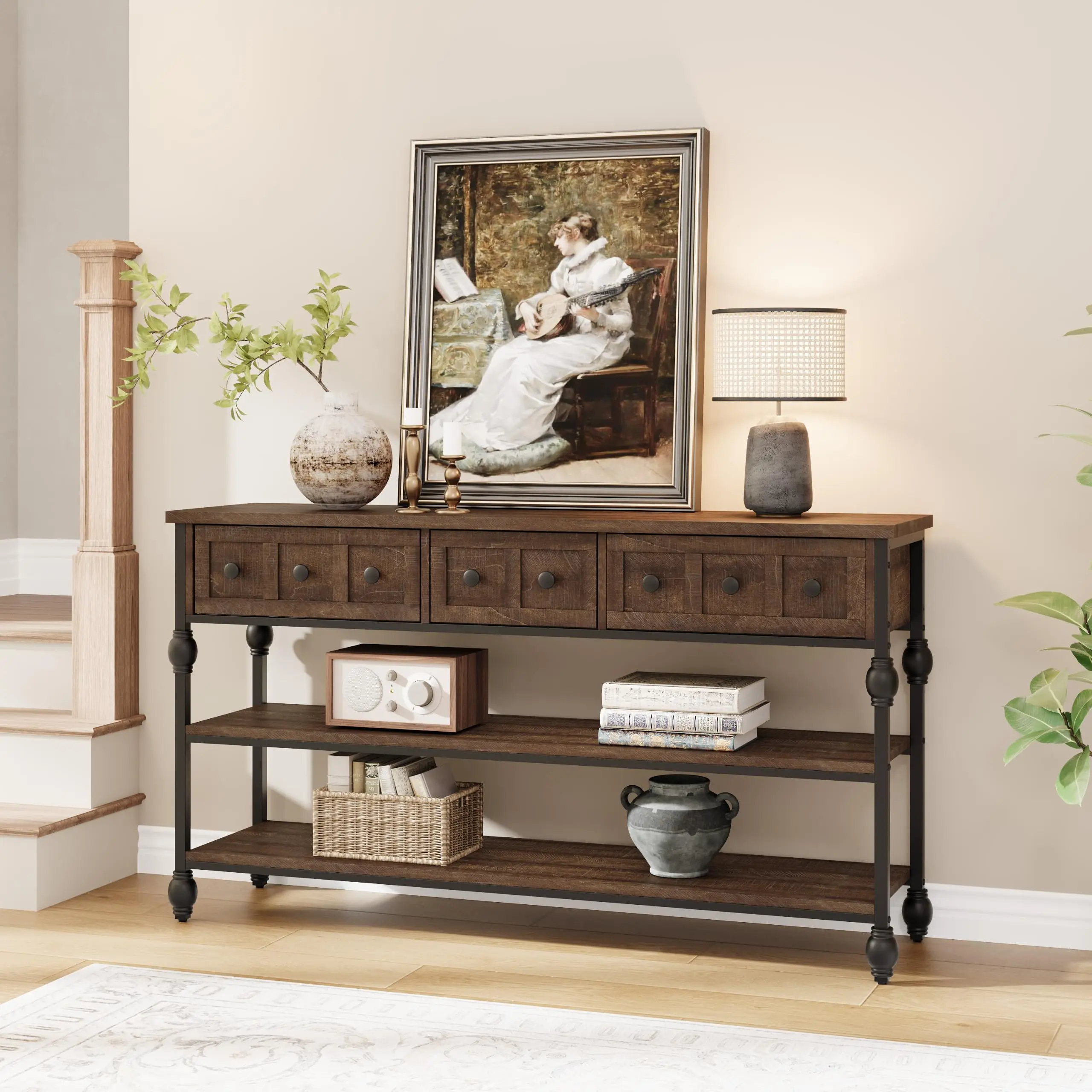 Rectangular Console Table - 52-53 in, 3 Drawers, Open Shelves, Roman Column Design, Multi-Tier Metal Frame, Rustic Brown/Red Coffee, Ideal for Entryways/Living Rooms