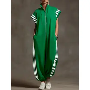 Women's Oversized Zip Up Jumpsuit, Sleeveless Loose Athleisure One Piece Outfit, Stripe Side Comfy Romper for Travel Airport Casual Summer Outfit
