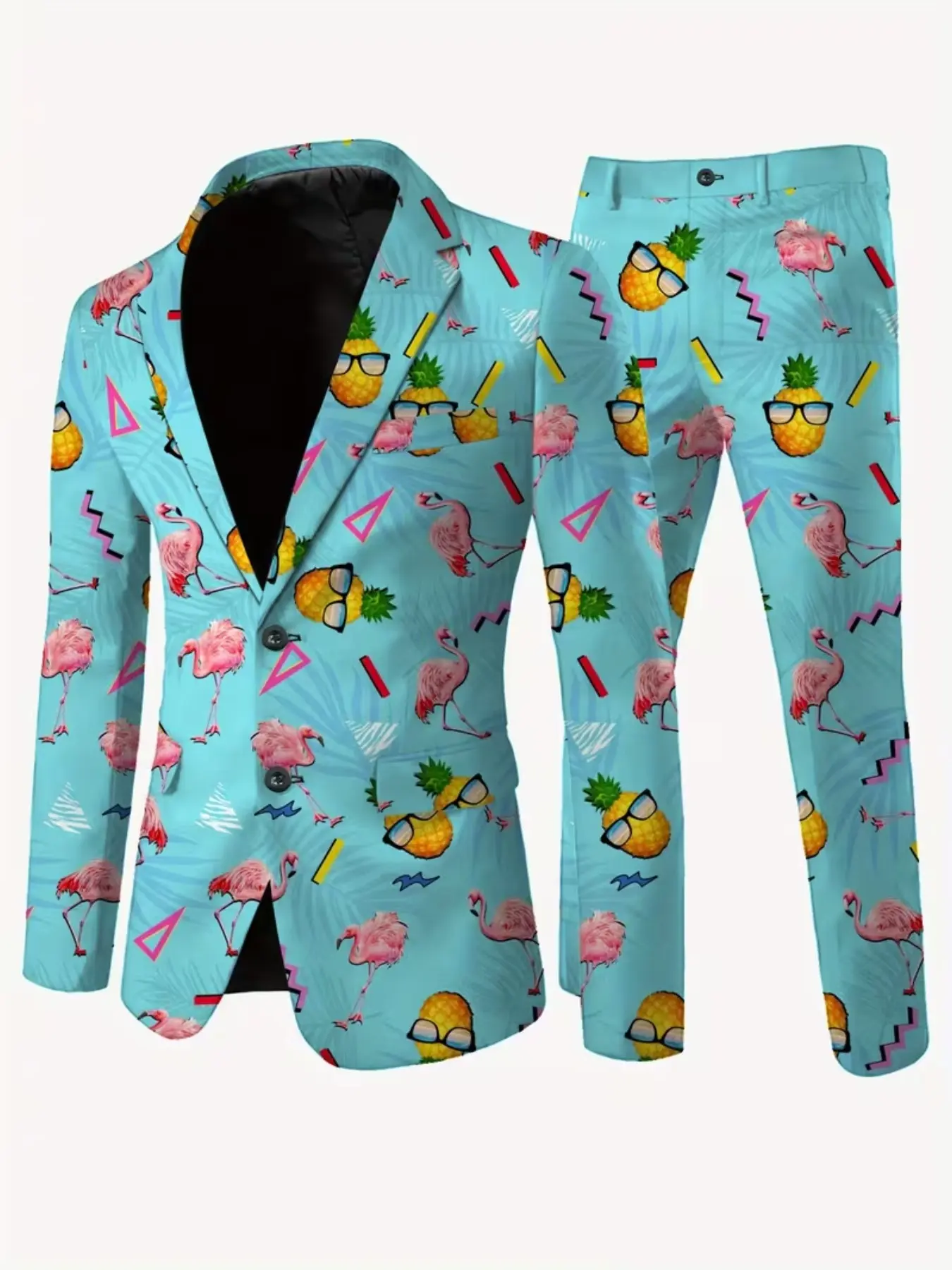 Men's Light Blue Tropical Peacock Pineapple Print Blazer Set, Two-Button Party Suit Jacket and Pants, Hawaiian Theme Costume