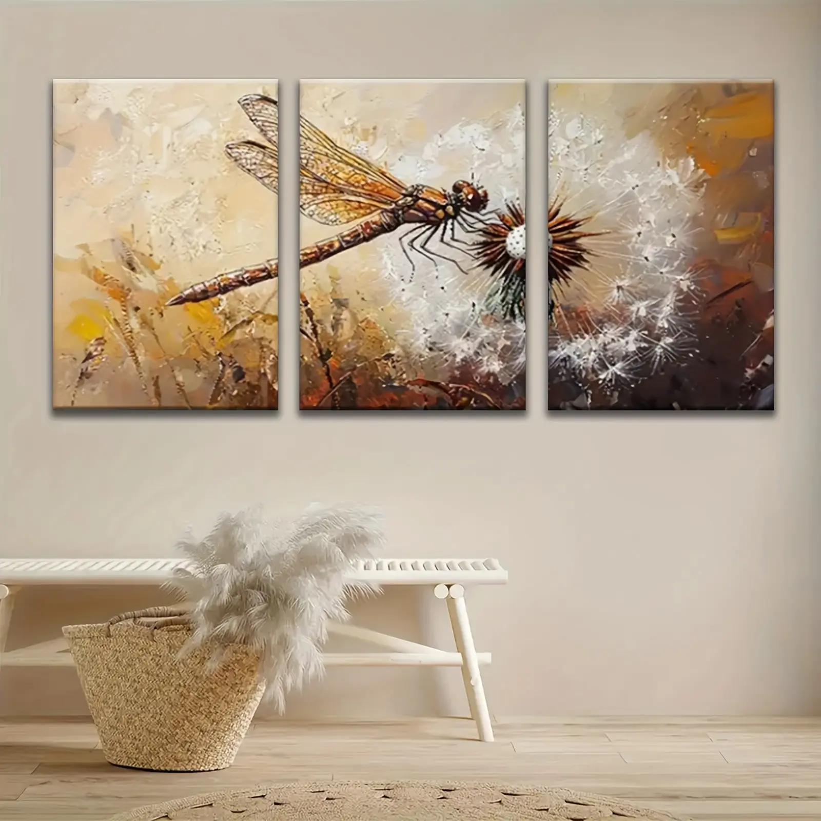 2D flat,3 pieces of dragonfly and dandelion fashion wooden frame canvas art prints - perfect choice for living room and bedroom decoration, ideal gift for any occasion, perfect choice for room decoration