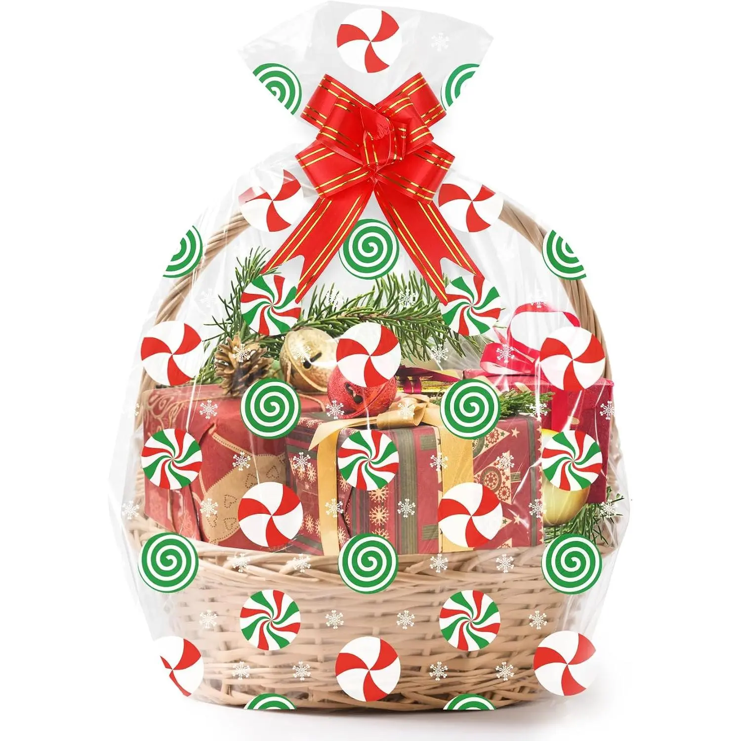 15 Sets Large Christmas Cellophane Bags(20x28 Inch) with Pull Bows Gingerbread Candy Xmas  Goodie Basket Stocking Stuffers Wrap Holiday Christmas Birthday Party Decorations Favors Supplies Baggies