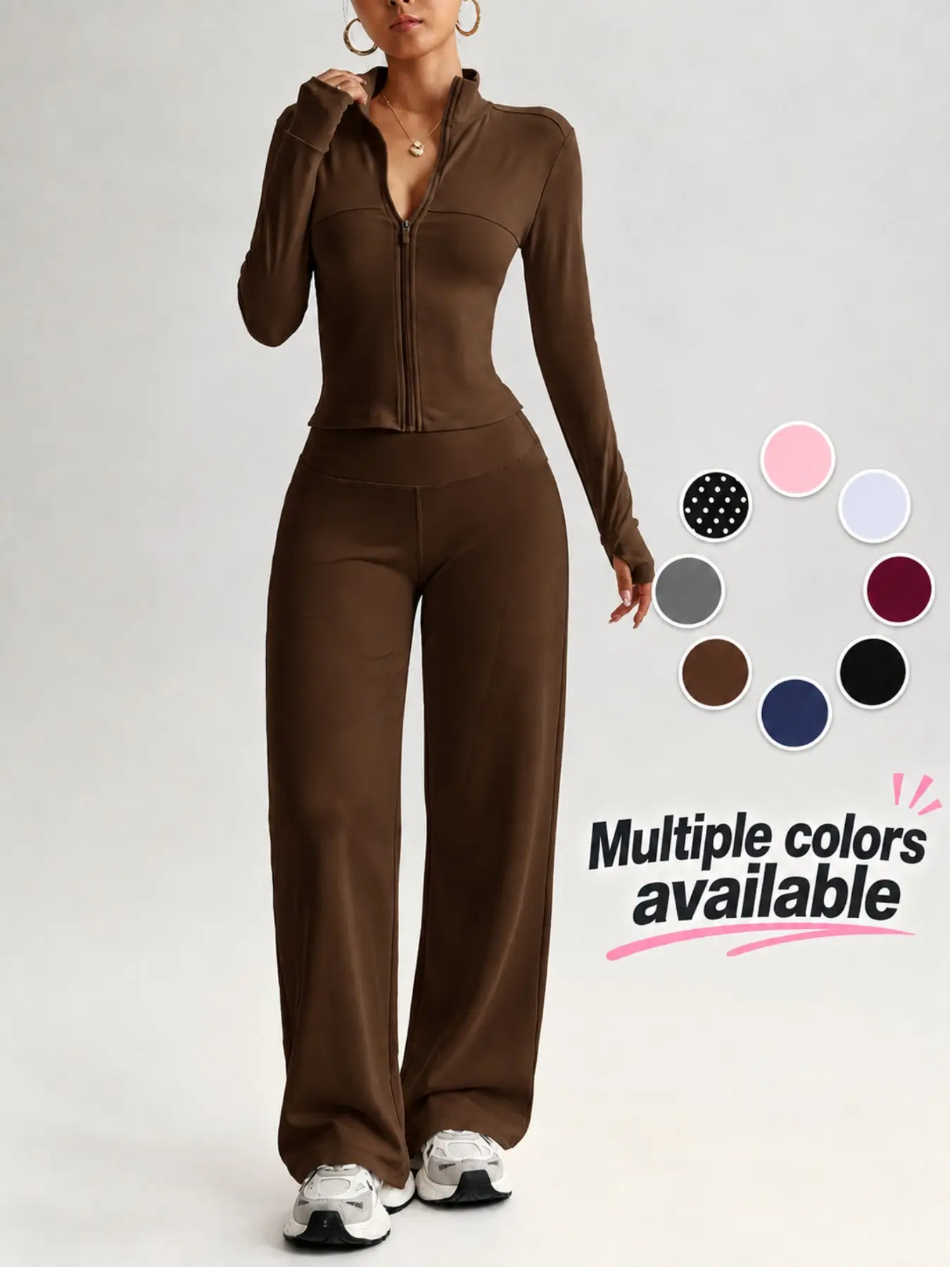Women's Yoga Thumb Hole Tight Set, Polka Dot Print Long Sleeve Jacket and High Waist Wide Leg Pants, Full Zip Sports Set for All Seasons