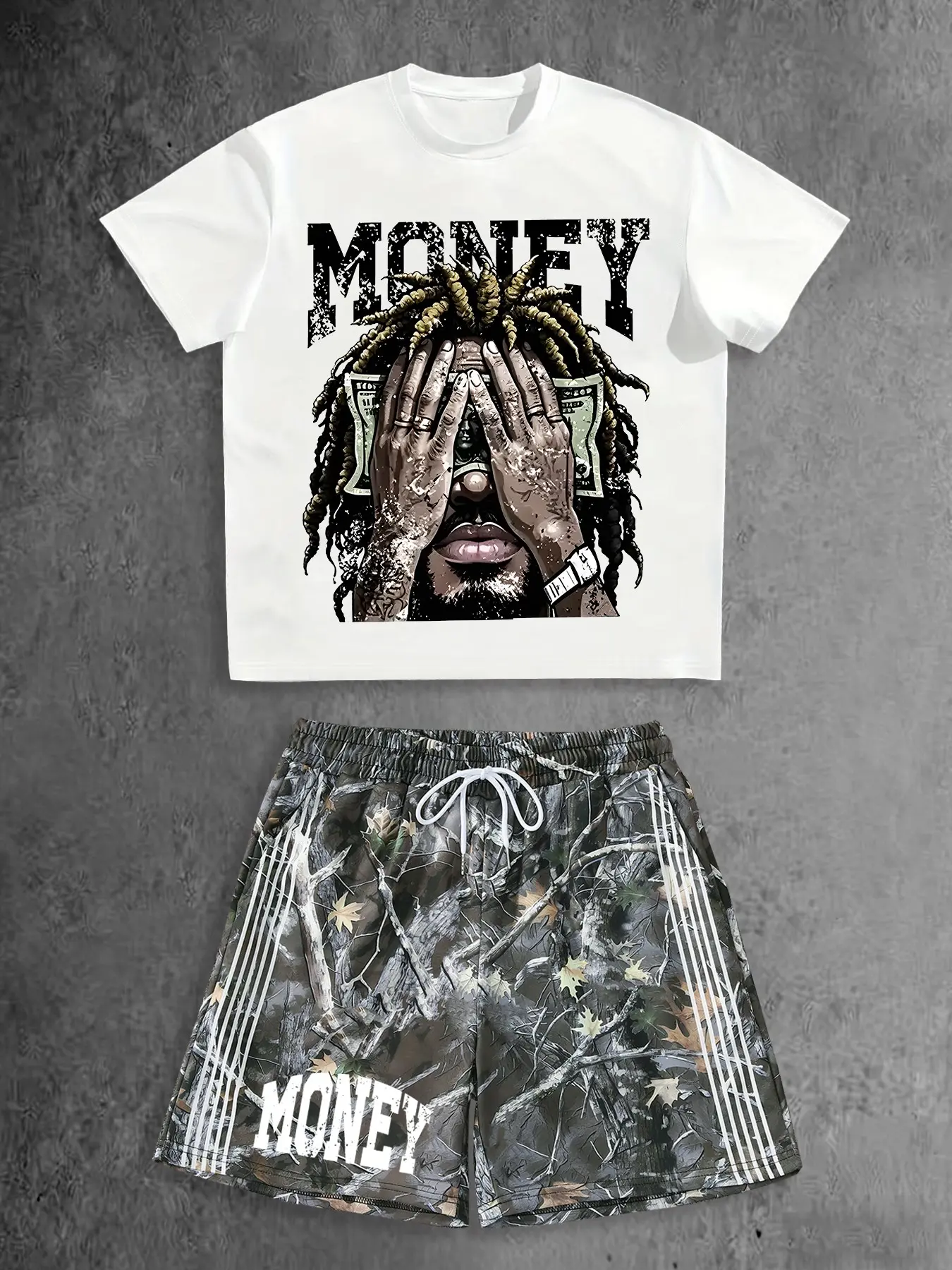 Men's "Money" Graphic T-Shirt & Camo Shorts Set, Hip-Hop Streetwear Casual Outfit, Tree Camo Printed Co-Ord #MoneyPrintSet #HipHopStreetwear #CamoShortsSet #StreetwearCoOrd #TikTokMadeMeBuyIt
