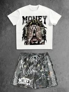 Men's "Money" Graphic T-Shirt & Camo Shorts Set, Hip-Hop Streetwear Casual Outfit, Tree Camo Printed Co-Ord #MoneyPrintSet #HipHopStreetwear #CamoShortsSet #StreetwearCoOrd #TikTokMadeMeBuyIt