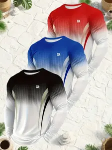 3-Pack Breathable Men's Sport Long Sleeve T-Shirts, Ideal for Gym, Running, Casual Wear, Geometric Pattern, Lightweight, All Seasons