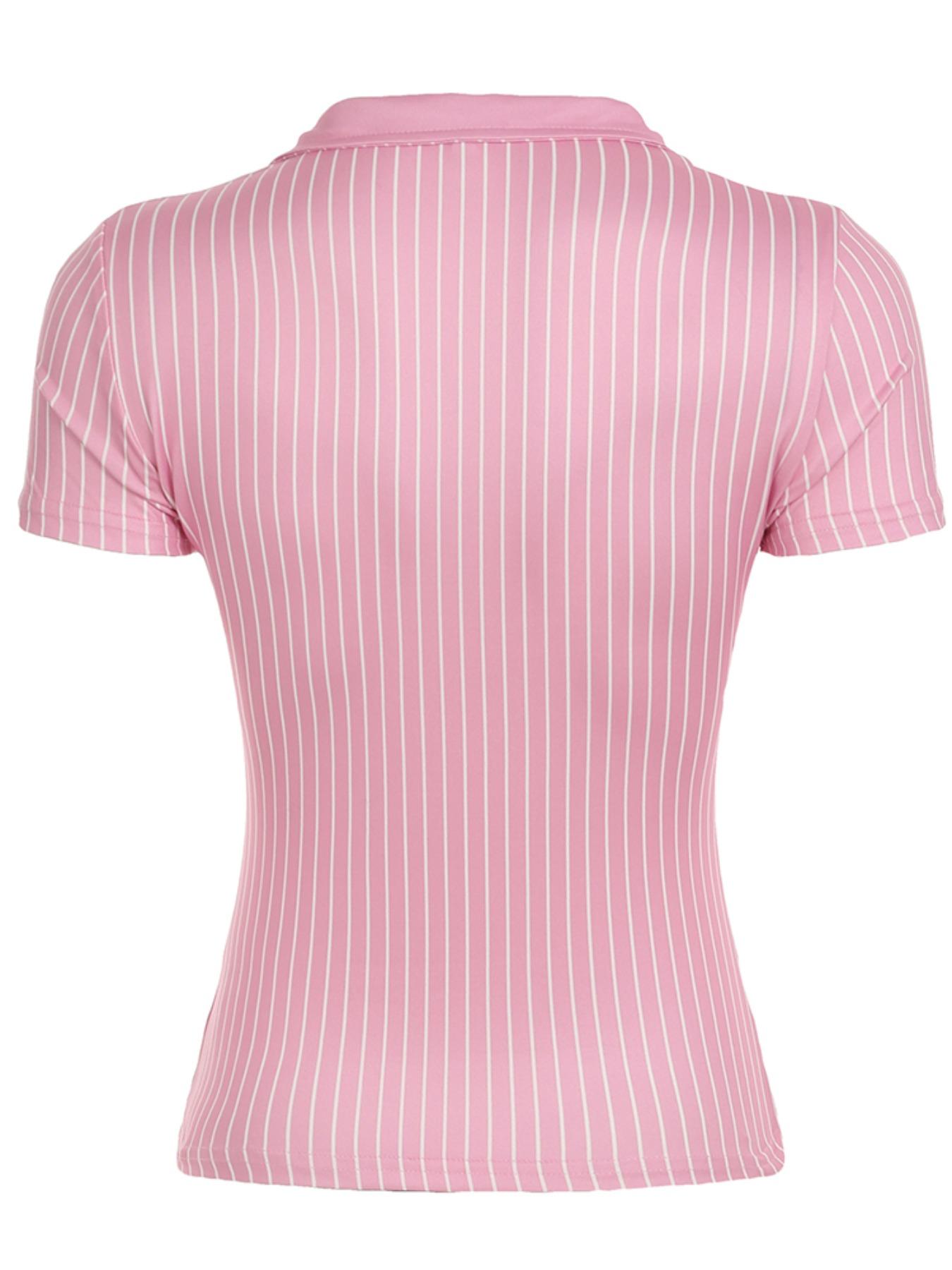 Women's Striped Print Button Front Blouse, Casual Slim-fitting Short Sleeve Button Collared Shirt for Summer, Ladies Clothes for Daily Wear