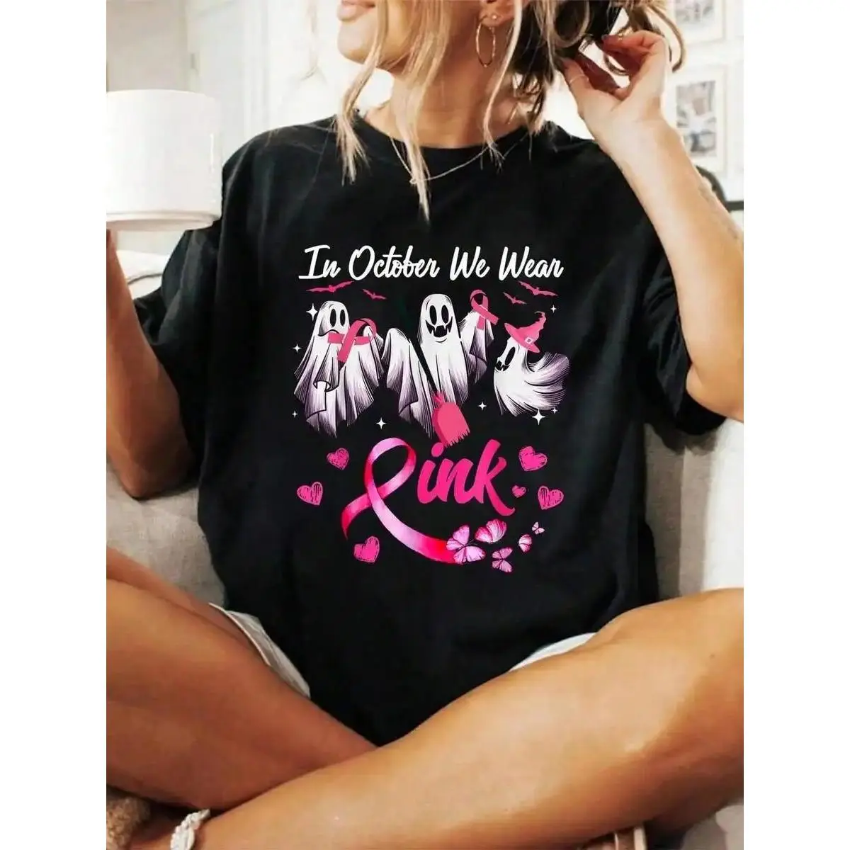 Halloween Graphic Women T Shirt In October We Wear Pink Ghost Halloween T-Shirt