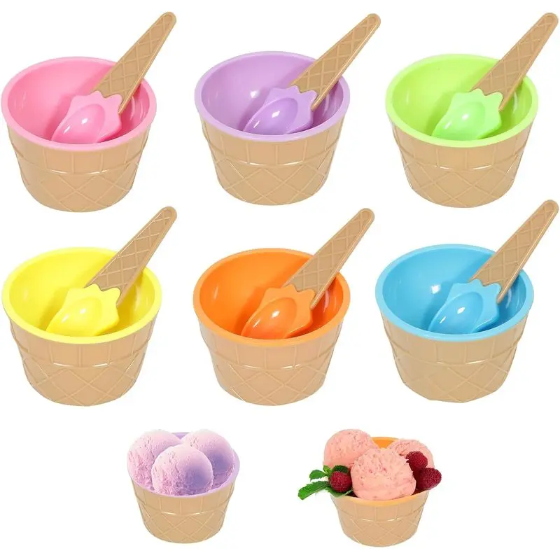 6-Pack Lightweight Reusable Plastic Ice Cream Bowls with Matching Spoons, 8 oz Colorful Sundae Cups for Frozen Yogurt, Birthdays, Summer Parties