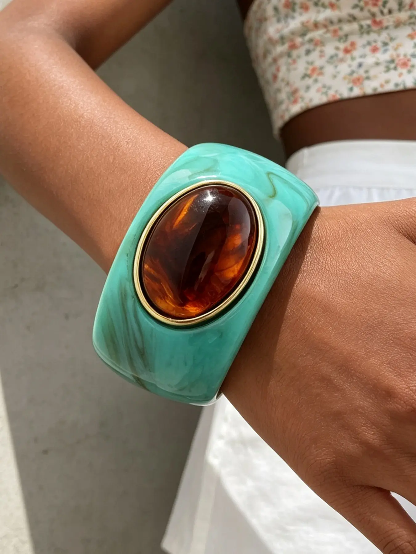 Elegant Vibrant Turquoise Amber Resin Cuff Bracelet, Geometric Design, Casual Style, Perfect for All Seasons, Ideal Gift for Women