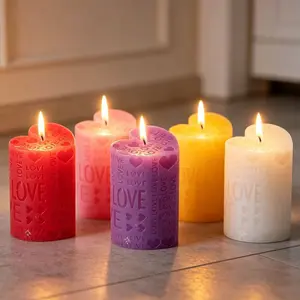 LOVE Embossed Heart Pillar Household Candle - Fragrance Woodsy Light, Durable Minimalist Table Decor, Romantic Valentine Gift for Home Ambient Party Favor