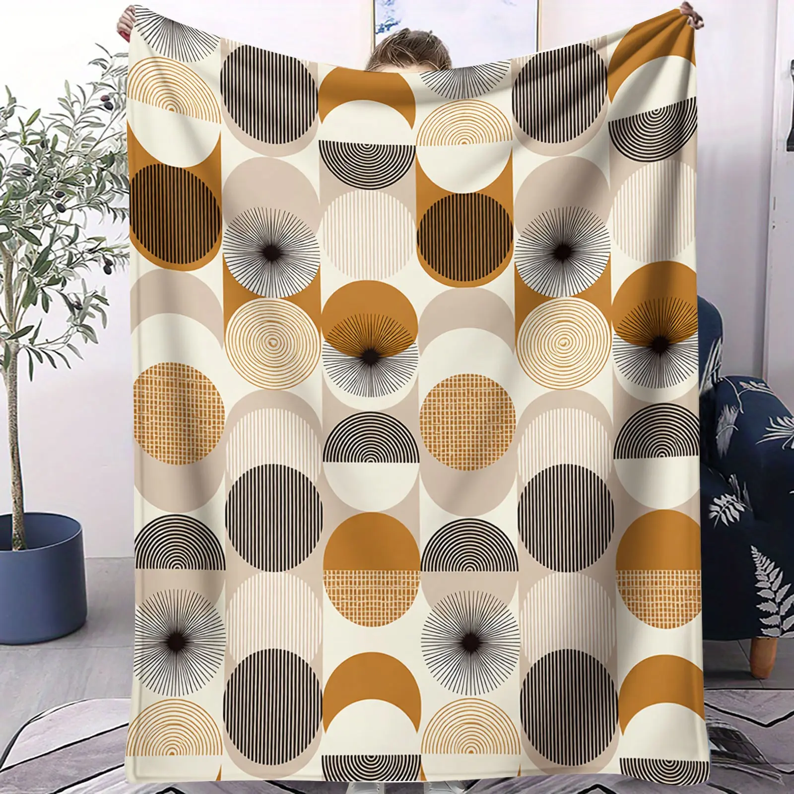Modern Geometric Throw Blanket for Teens Adults, Contemporary Mid Century Fuzzy Plush Throw Geometric Circles Fleece Blanket