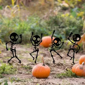 Halloween Dancing Skeleton Yard Stakes - 4-Piece Weatherproof Metal Set (Black/Gold/Silver/White) | Spooky Outdoor Decor for Lawn & Garden | Easy Installation Garden Stakes