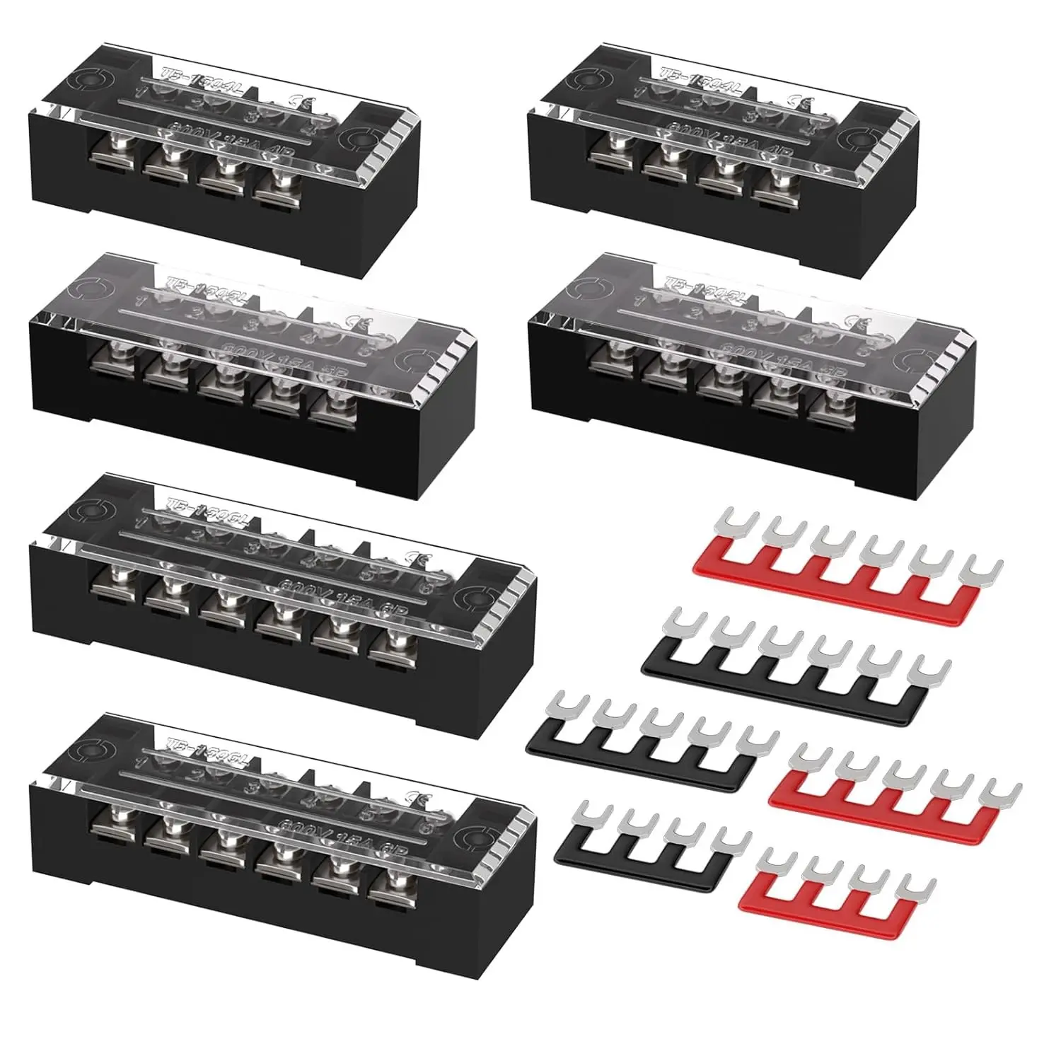 15A Pre-Insulated Covered Block, Dual-Row Screw Terminal Barrier Strips with 4/5/6 Positions (6PCS 4P/5P/6P Terminal Blocks + 6PCS Wiring Strips, 400V Rating)