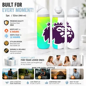 1pc 32oz English Premier League Kings Lion Logo Gradient Print 304 Stainless Steel Insulated Cup | Dual Sip Straw Lid With Carry Handle, Double Wall Heat Cold Insulation Leakproof Travel Bottle