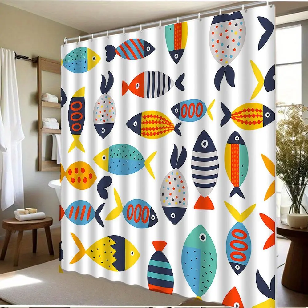 1pc Animal Print Fish Pattern Polyester Shower Curtain with 12 Hooks - 70.8x70.8 In Casual Everyday Use Aquarium Bath Decor, Machine-Washable Bath Partition Hanging Cloth for Bathrooms
