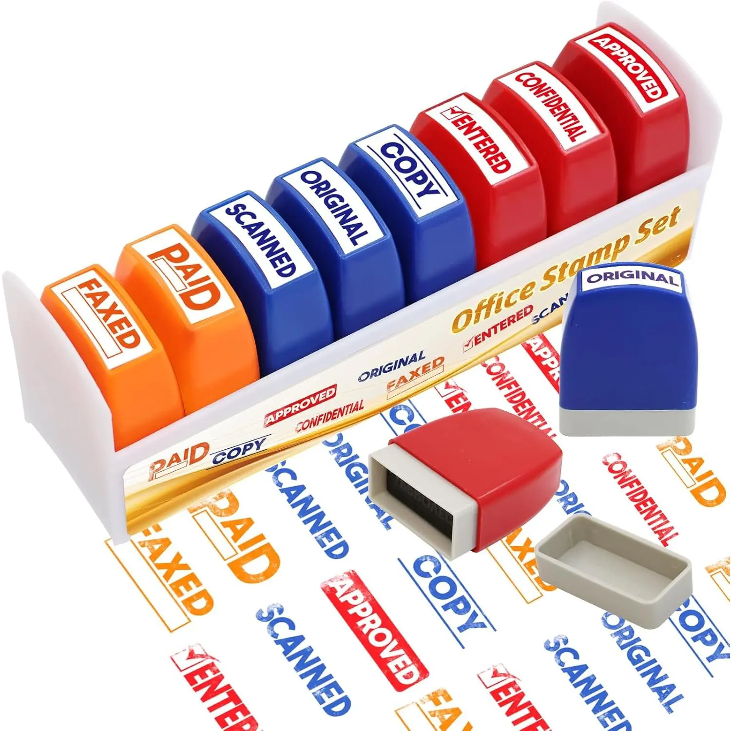 8 Different Office Self-Inking Stamps Set (1.6x0.8x2 inches) - Carefully Designed, with Storage Tray, Bright Ink Messages (Approved, Completed, Scanned, Faxed, Confidential), Easy-to-Handle for Teacher, Business Use to Boost Efficiency
