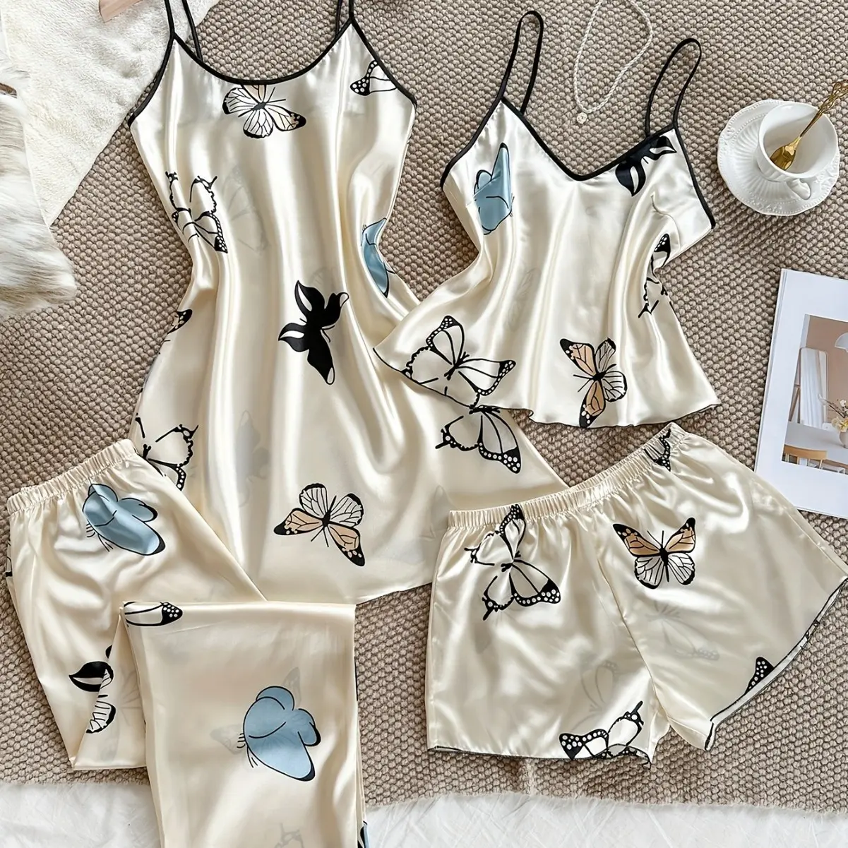 Women’s Butterfly Print Faux Silk Loungewear Set, Four-Piece Casual Home Pajamas For Indoor Daily Wear