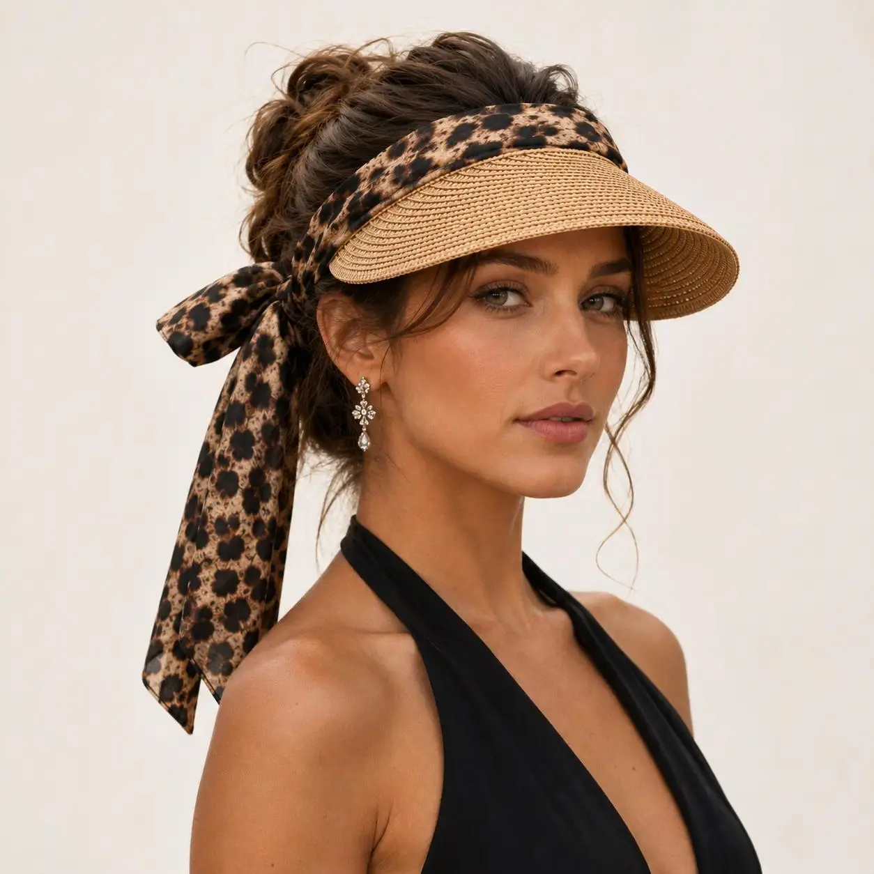 Viral Foldable Wide-Brim Sun Visor Hat | Aesthetic Open-Top Beach Cap with Detachable Leopard Scarf | Adjustable Packable Summer Vacation Headwear | Chic Resort Accessory for Pool Parties, Cruises & Outdoor Travel